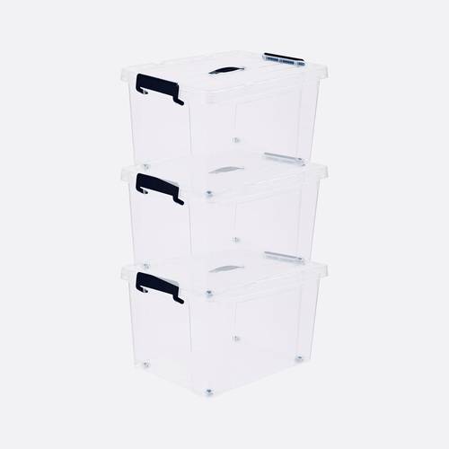 3 pack clear 43l storage boxes with lids wheels stackable plastic containers with secure clips and integrated handles for home bedroom office kitchen organisation