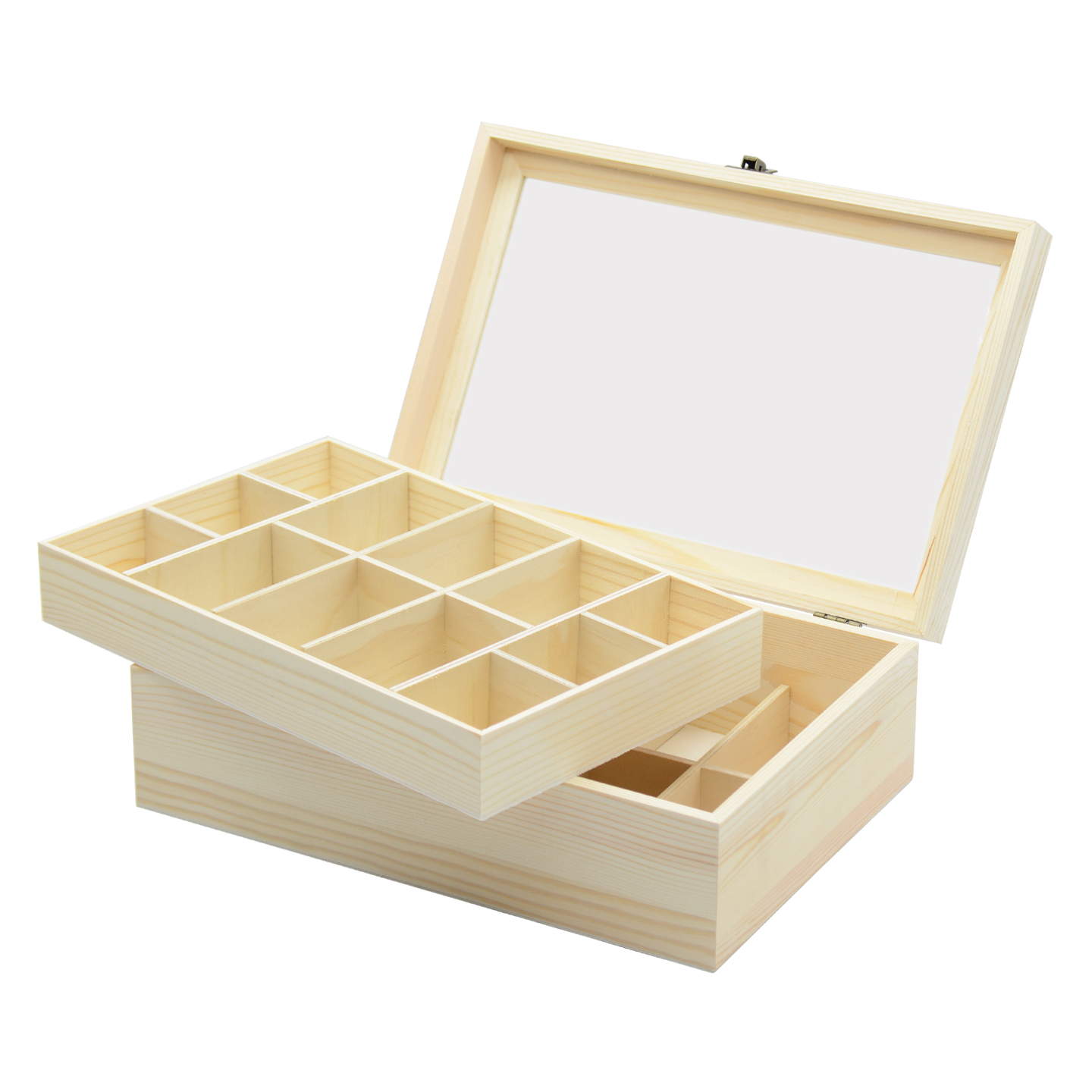 TEMU de madera con ventana / Organizador de 11 compartimentos / de pino con cierre / de joyas de madera / Organizador de accesorios / decorativa con