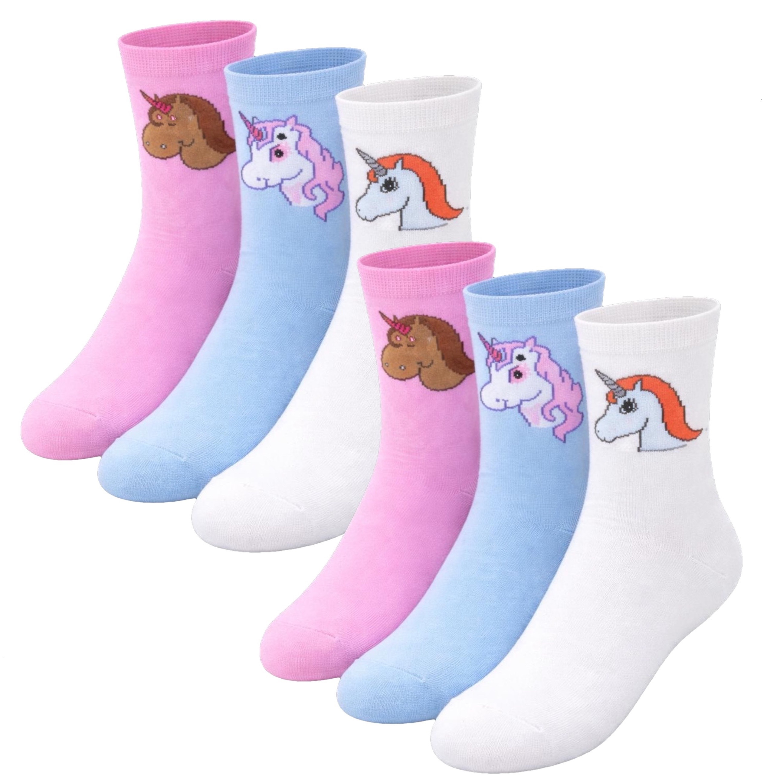 Image of 6 Pairs Of Socks With Cute Cartoon Unicorn Pattern, Suitable 4+, For Girls, Boys, Kids, Fashionable Colorful Children's Socks, , Casual Socks, Gift Idea, Socks, Knit Fabric, Size 27/30