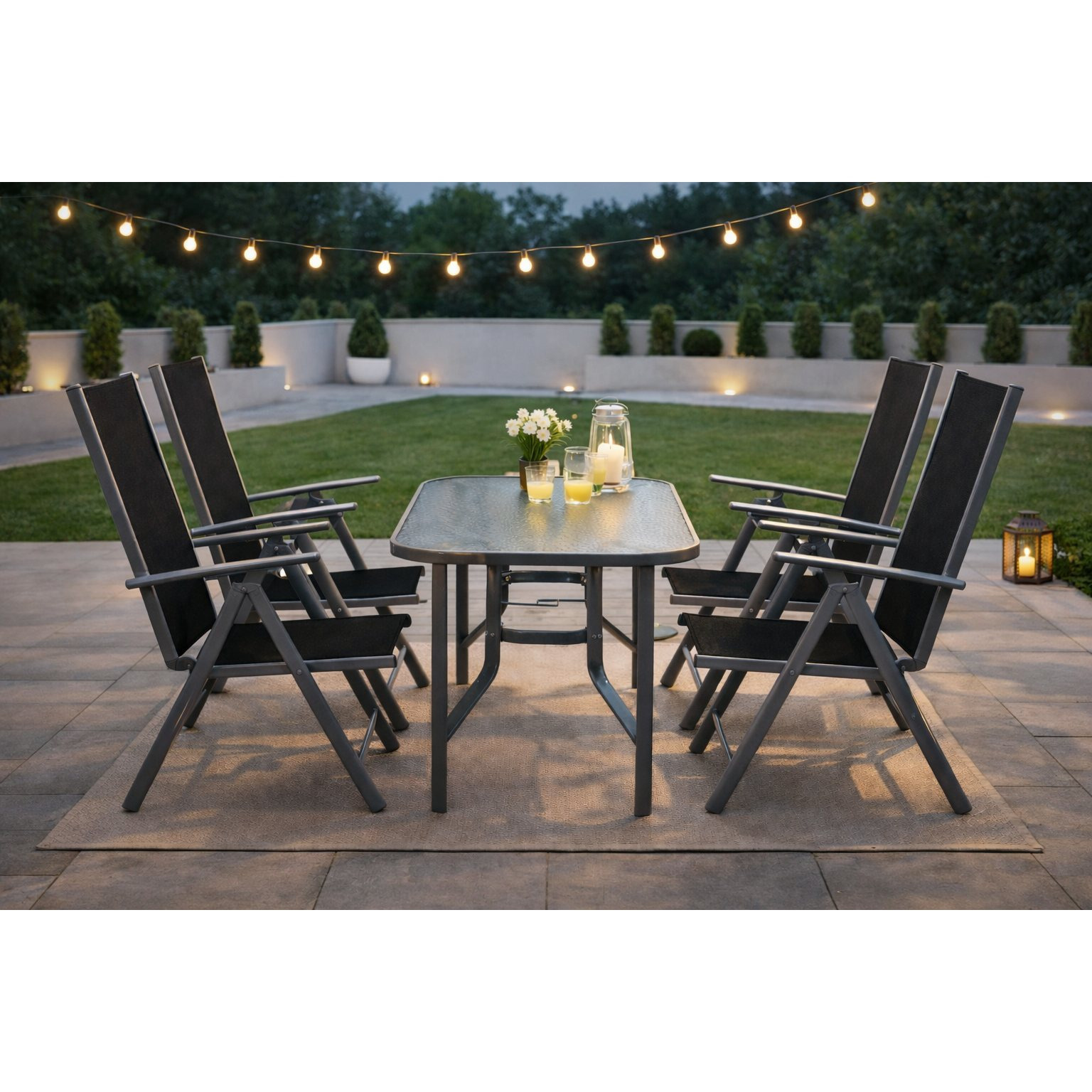 5-piece Set, Aluminum/steel + Glass + Synthetic Fabric, Black