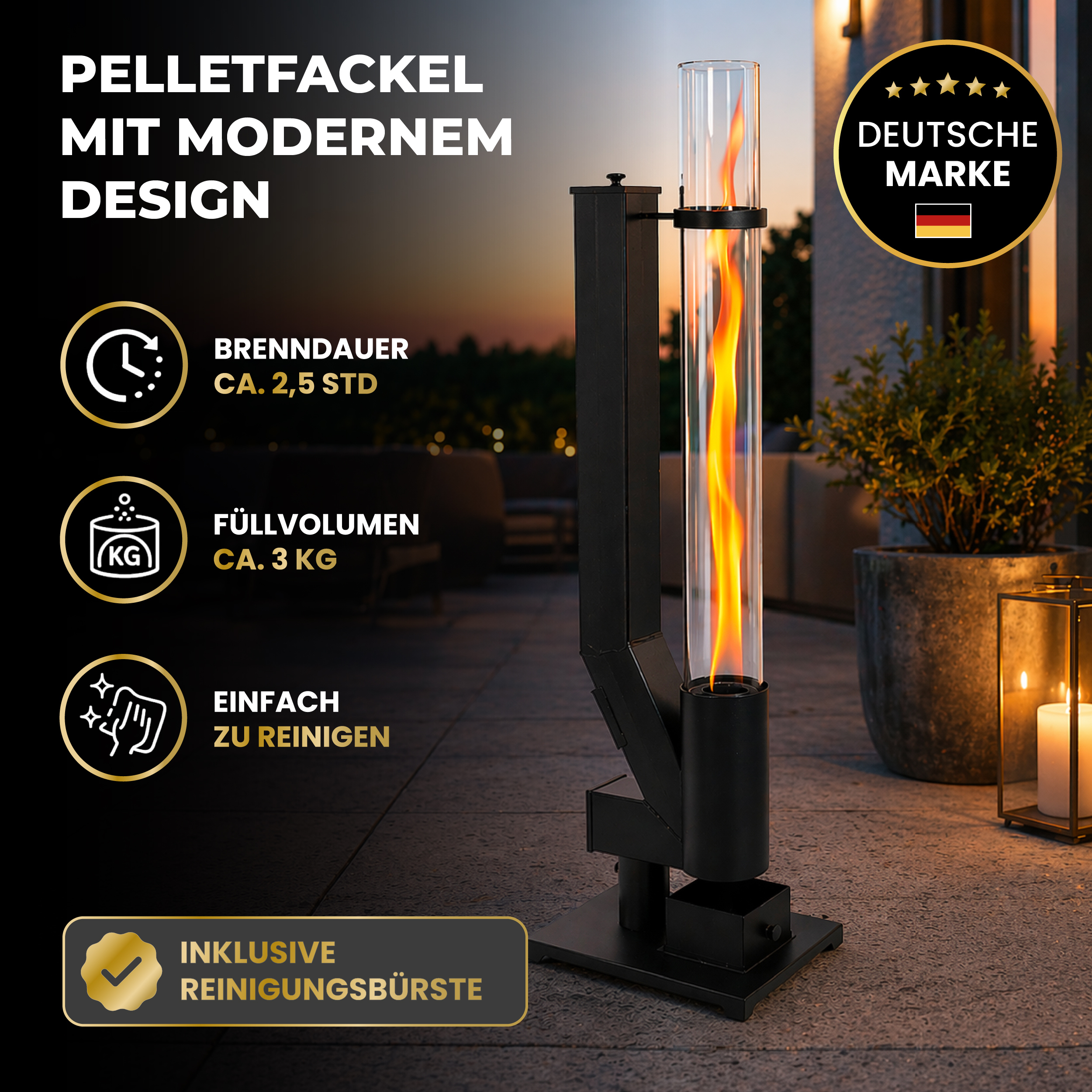 Pellet Torch Core Fire Tube, Outdoor Fire Column With Black Glass Tube