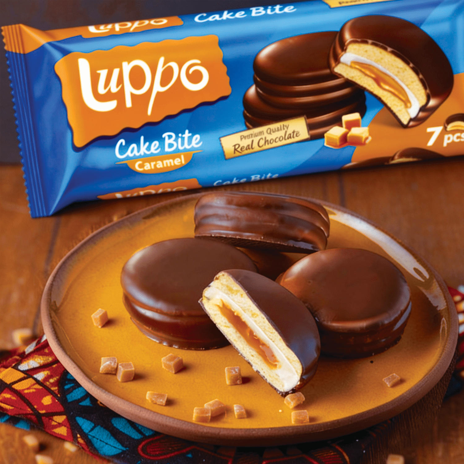 Image of Luppo Cake Bite Caramel 182g - Soft Cake Pieces With Caramel Cream Filling, Coated In Milk Chocolate