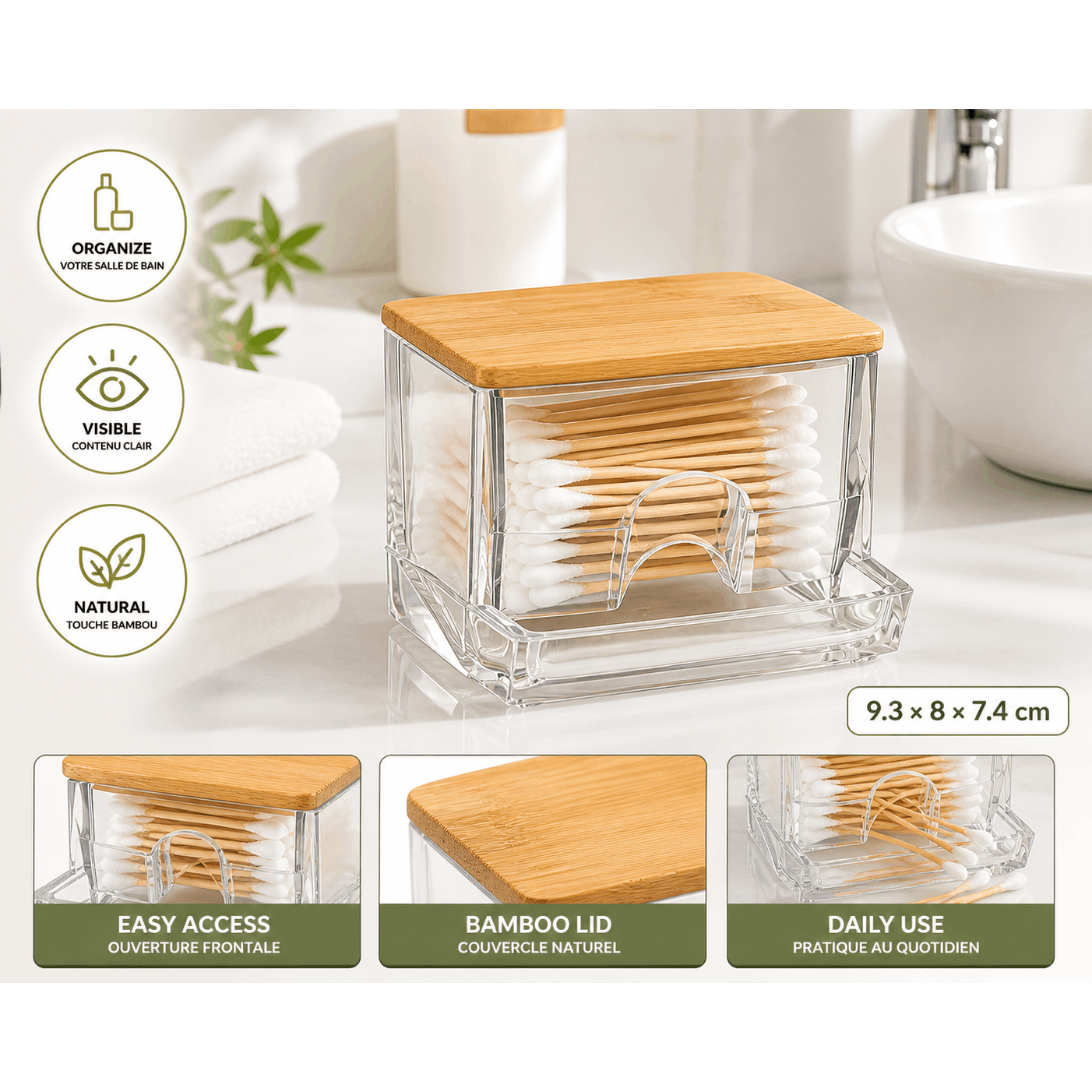 TEMU Distributeur cotons-tiges avec couvercle bambou – boîte rangement salle de bain transparente – facile – organiseur compact