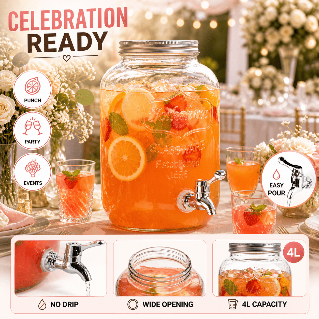 Image of 4l Glass Beverage Dispenser With Tap – Juice, Water, Cocktail Fountain – Jar With Metal Lid