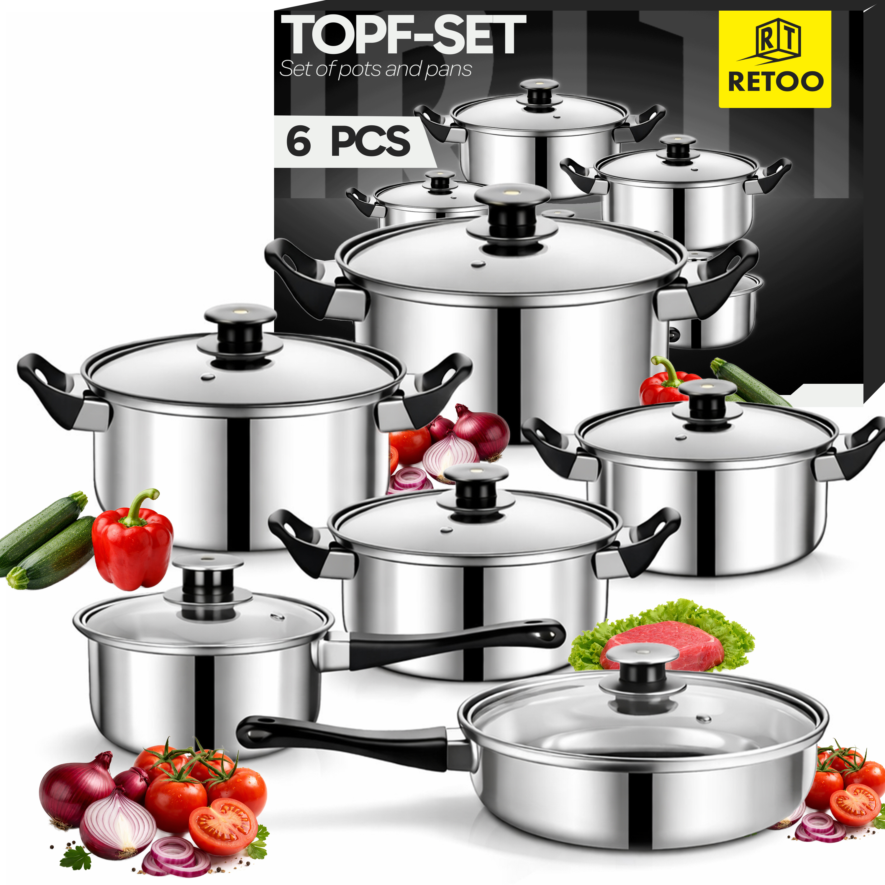 TEMU Set de casseroles en acier inoxydable avec poêle, batterie de cuisine argentée revêtement, casseroles avec couvercles en verre, poignées