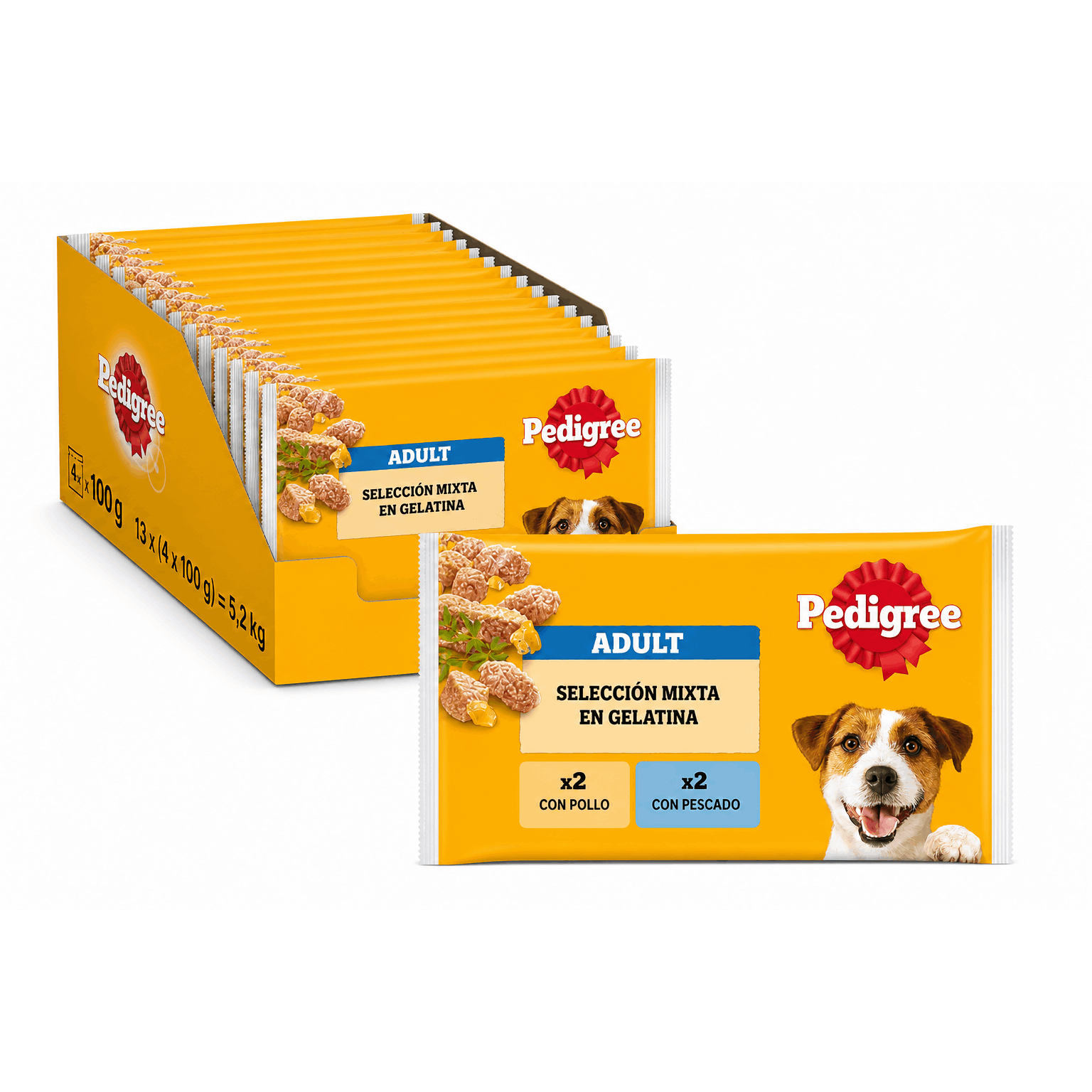 TEMU Pedigree Comida Húmeda para Perros en Gelatina Selección Pollo y Pescado (13 packs x 4 bolsitas x 100g)