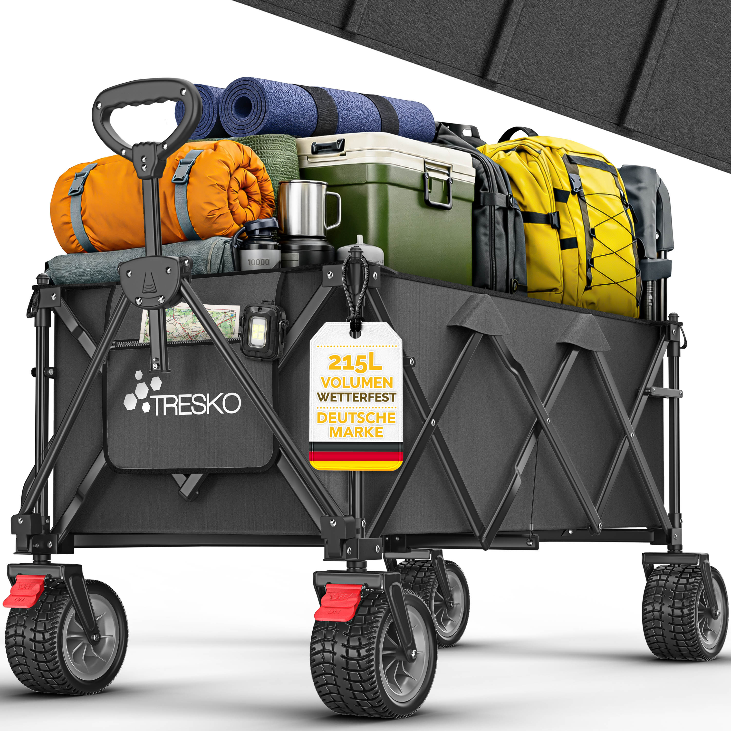 Image of Tresko® Folding Cart 215l With Brake | Collapsible Hand Truck 150kg . Full Rubber Tires | Foldable Beach Cart With Extra Wide Wheels | Garden Cart Transport Cart With Carry Bag