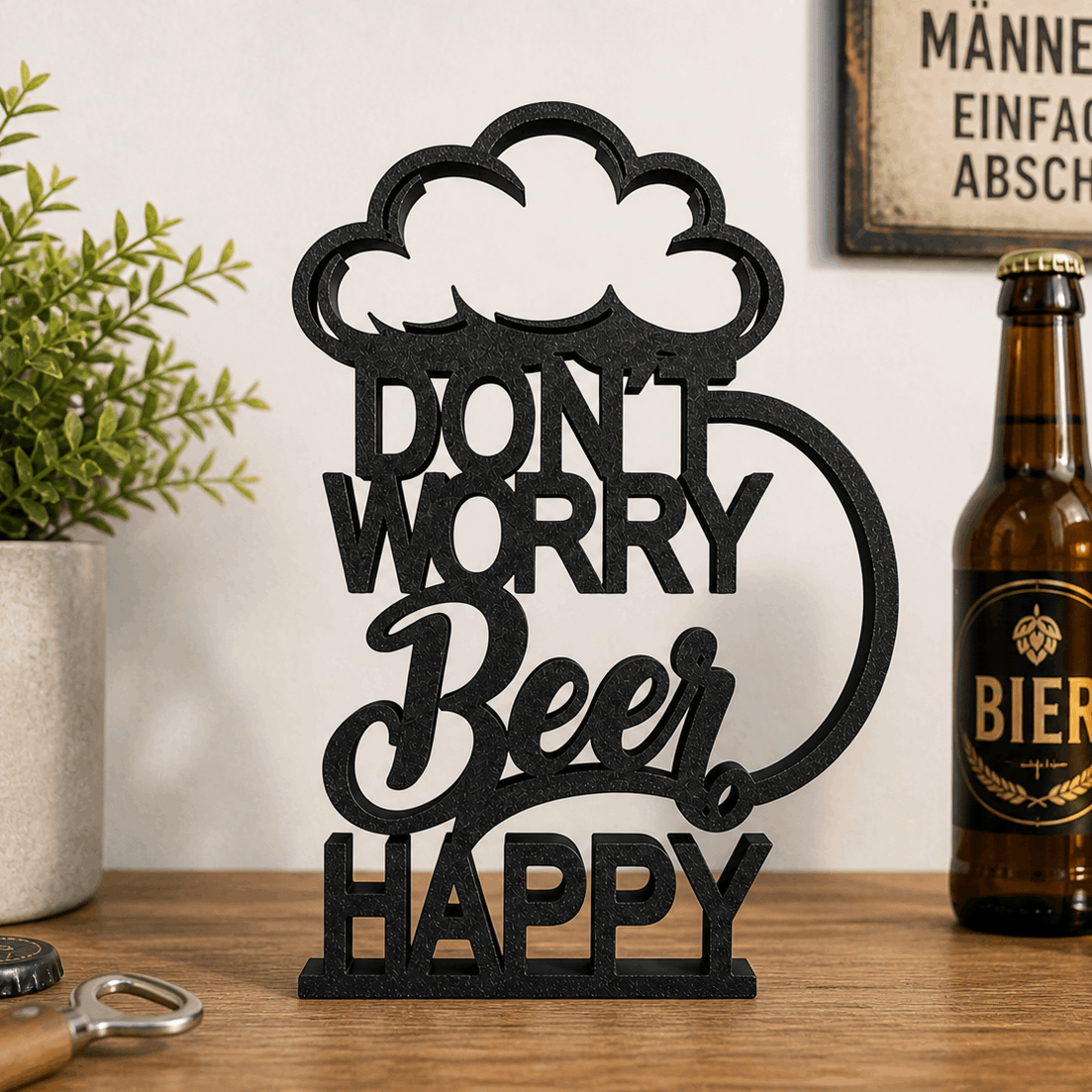 Image of Decorative Stand " Worry, Beer Happy" – Fun Beer Decor For Bar, Kitchen & Grill Area