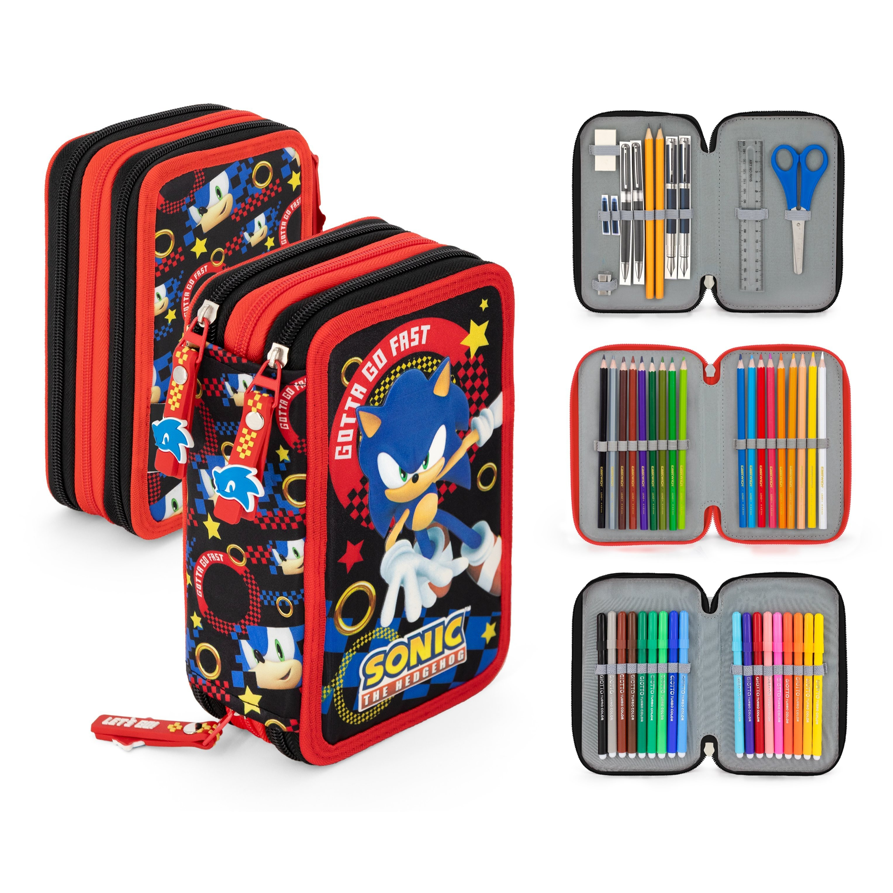 The Hedgehog Pencil Case, School Pencil Bag, 42-piece Set, 3 Compartments, 3-layer Design, Video Game Movie Theme