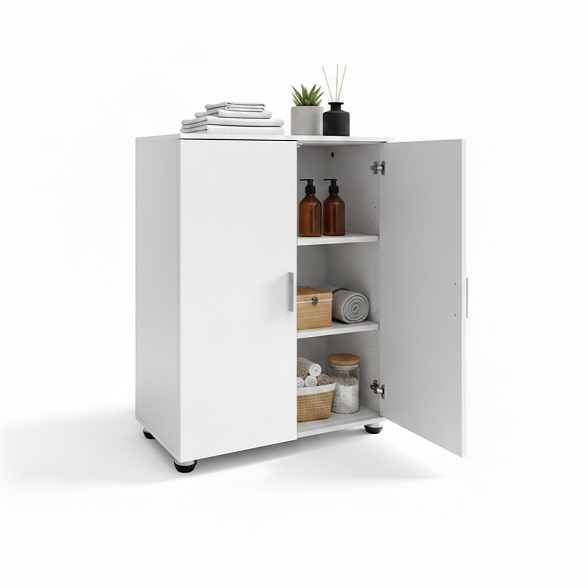 Baroni Home Bathroom Mobile Cabinet With 2 Doors And 3 Internal Compartments, Space- Mdf Cabinet With Handles And Steel Feet, Cabinet For Bathroom And Laundry, 30x60x82 Cm, White