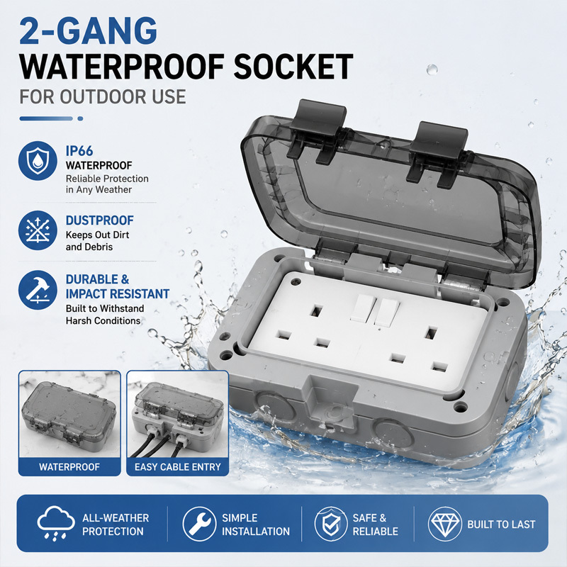 ip66 weatherproof outdoor socket 2 gang   heavy duty wall outlet uk   box dustproof power receptacle for garden garage