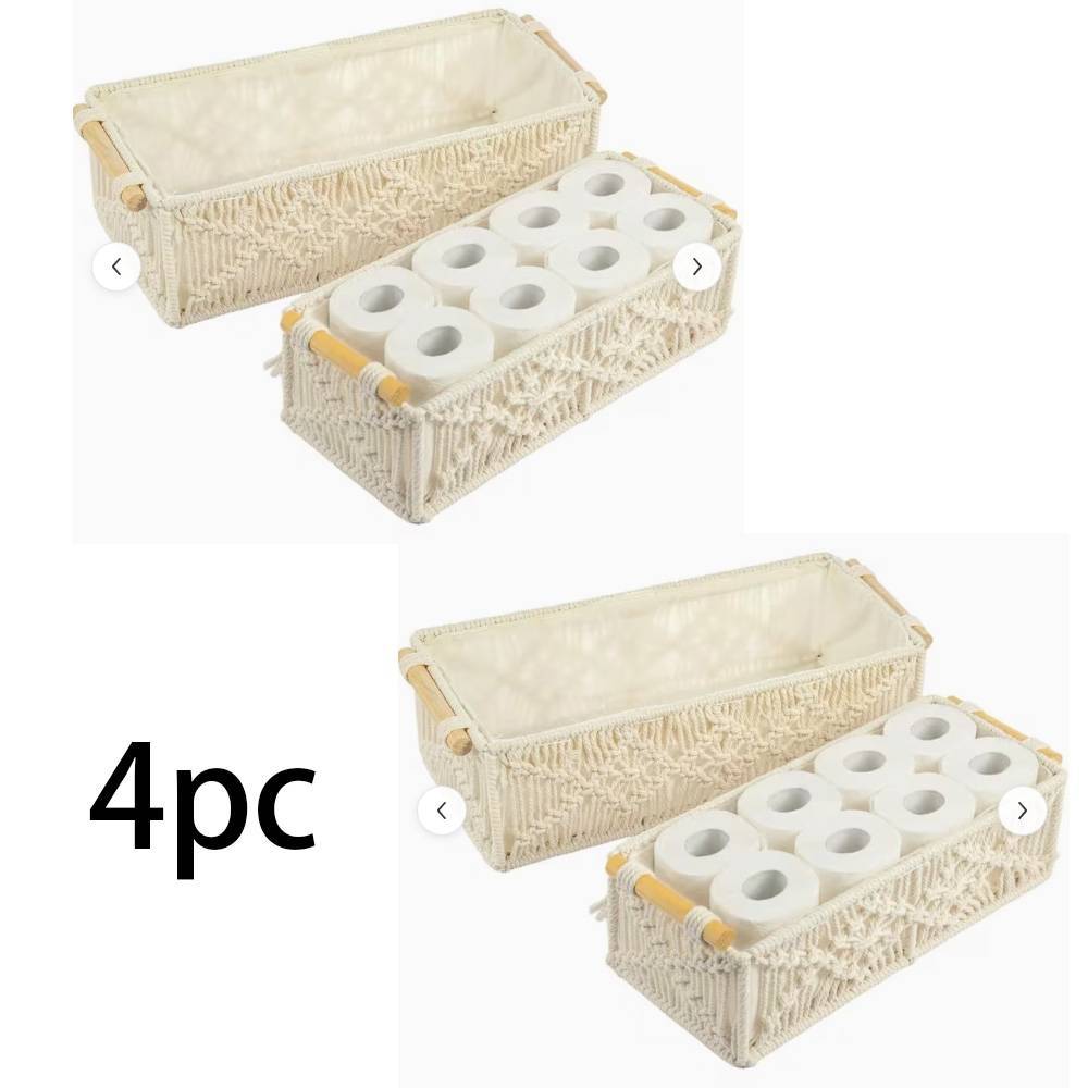 Image of 4pcss Braided Decorative Storage Box With Handle And Fabric Lining, 4pcss Set Of Macrame Storage Baskets, Hand-woven Storage For Bathroom Storage Or Toilet Tank.
