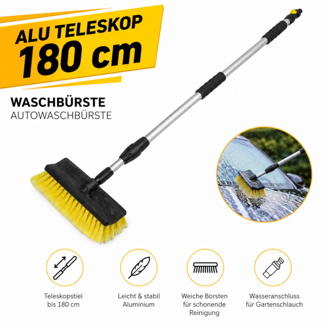 Image of Telescope Washing Brush With Water Connection 110-180 Cm - Soft-bristle Car Wash Brush For Truck, Bus, Motorhome & Boat