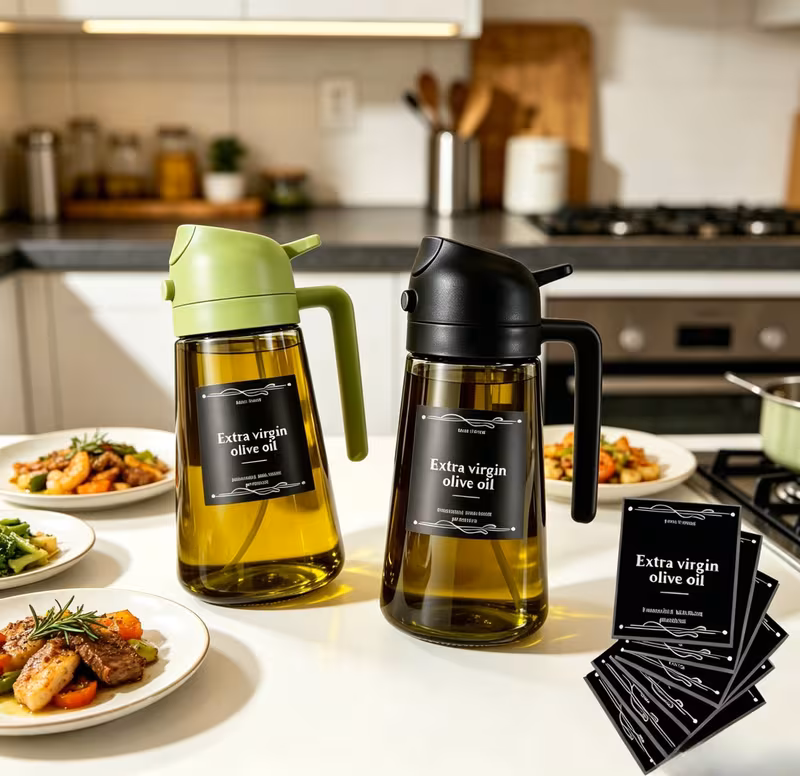 2 kitchen glass olive oil bottles with 6 stickers oil dispenser and cooking spray device 16oz premium dark green glass oil bottle perfect cooking tool for grilling camping and salads nozzle design for suitable for cooking details 0