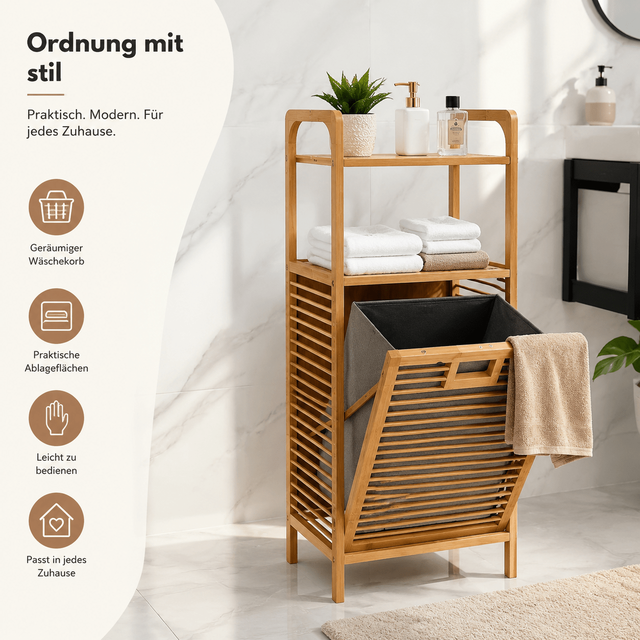 Bamboo Bathroom Cabinet With Foldable Front Door & 2-tier Storage Shelves, Removable Washable Fabric Bag, Stable Storage Rack For Bathroom & Bedroom, 40×30×95cm