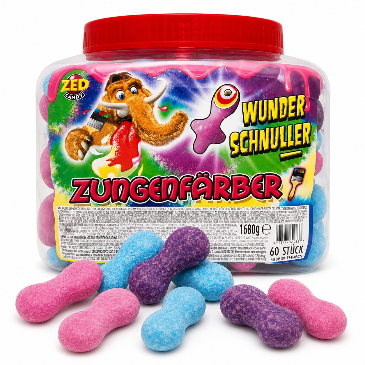 Zed Candy Mammoth Wonder Pacifier – Tongue Stainer Lollies With Chewing Gum Core – Extra Large & Fruity – 60pcs (1.68kg)