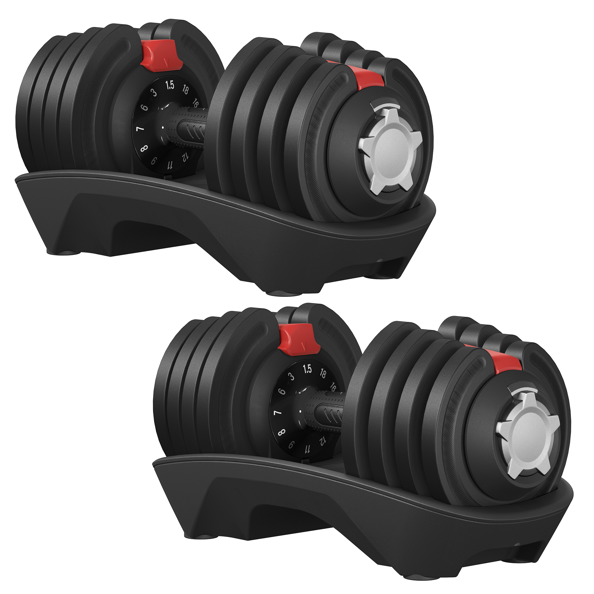 TEMU Adjustable Dumbbell Set, 2-piece, 12-in-1, 1.5 Kg To 18 Kg, With Stand, Black And Red