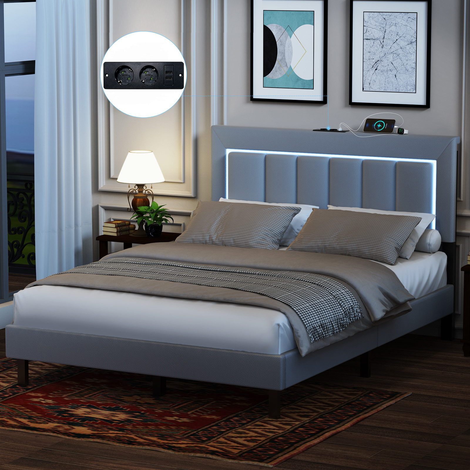 Image of Upholstered Bed 140x200cm Double Bed With Led Lighting, Single Bed 90x200cm With Wooden Slatted Base And Leather Headboard, Guest Bed Bed Frame Box Spring Bed, (mattress Not Included), Grey