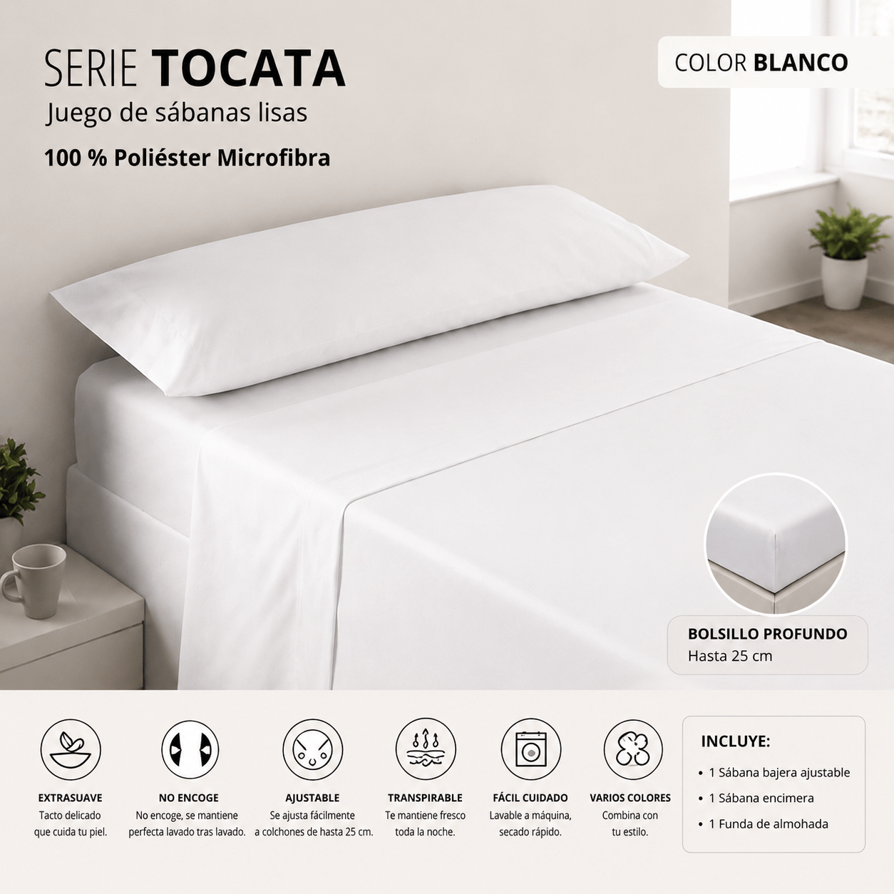 TEMU Juego de Sábanas 3 Piezas de Microfibra – Sábana Bajera Ajustable + Encimera + de Almohada – , Transpirable y Fácil Cuidado