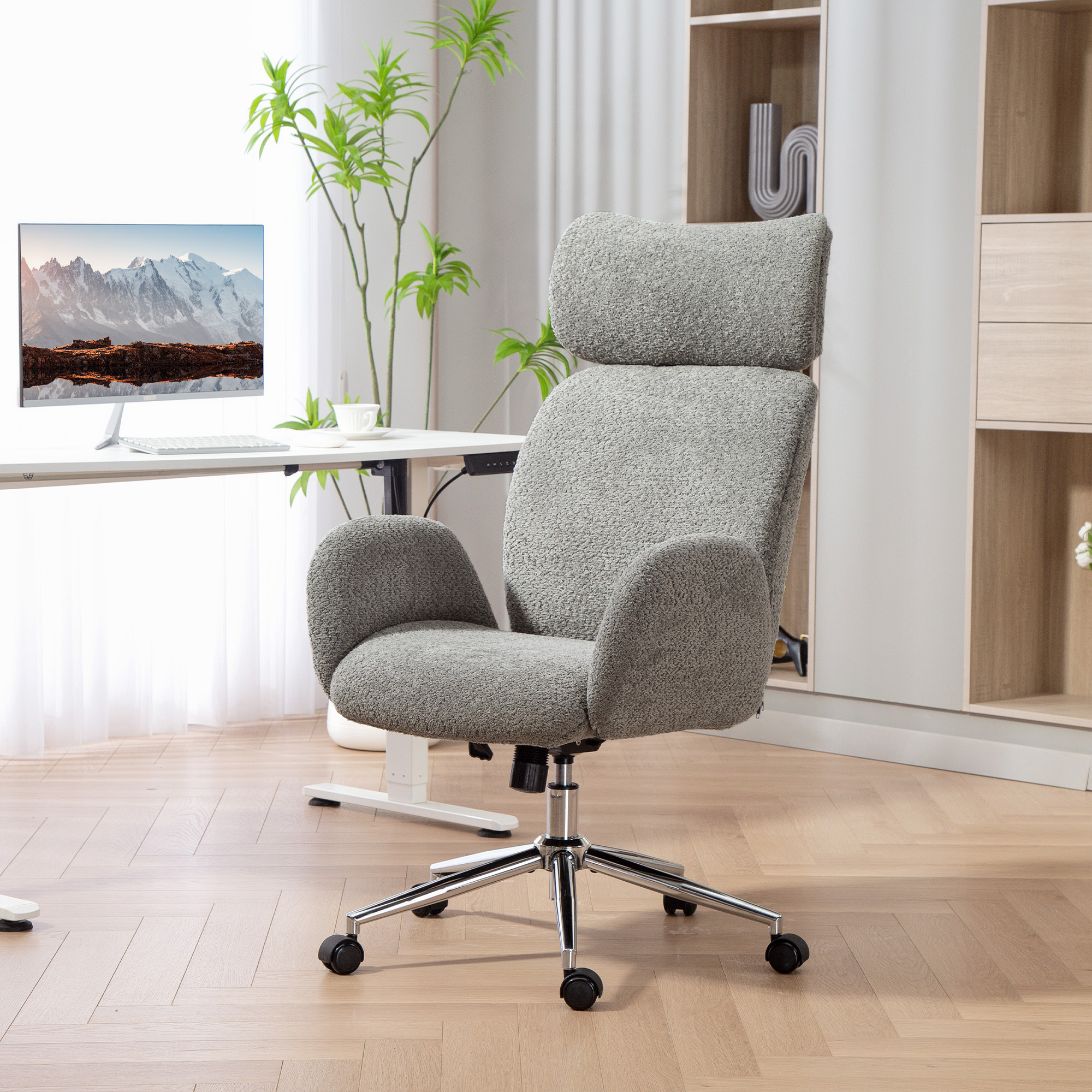 Image of Desk Chair Home Office Chair With Armrest, Adjustable Headrest, Height-adjustable Swivel Chair With Tilt Function, Bouclé Optic, Office Chair For Bedroom, Study, Dark Grey