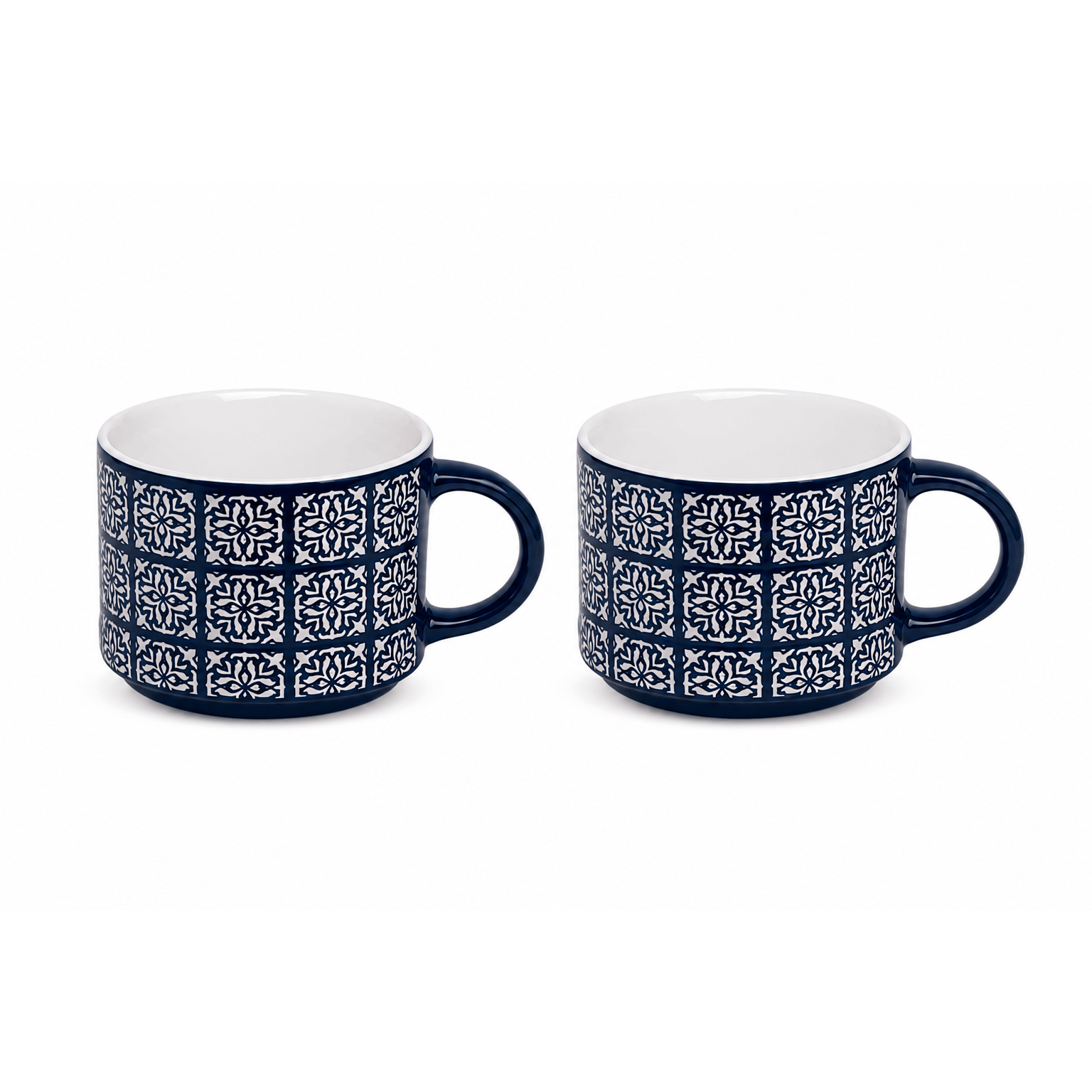 Of Blue White Stoneware 300 Ml - Decorative Coffee Cups With Oriental Pattern, Glazed Ceramic Cups, Cups For Coffee, Tea & , Stoneware Cups With Handle