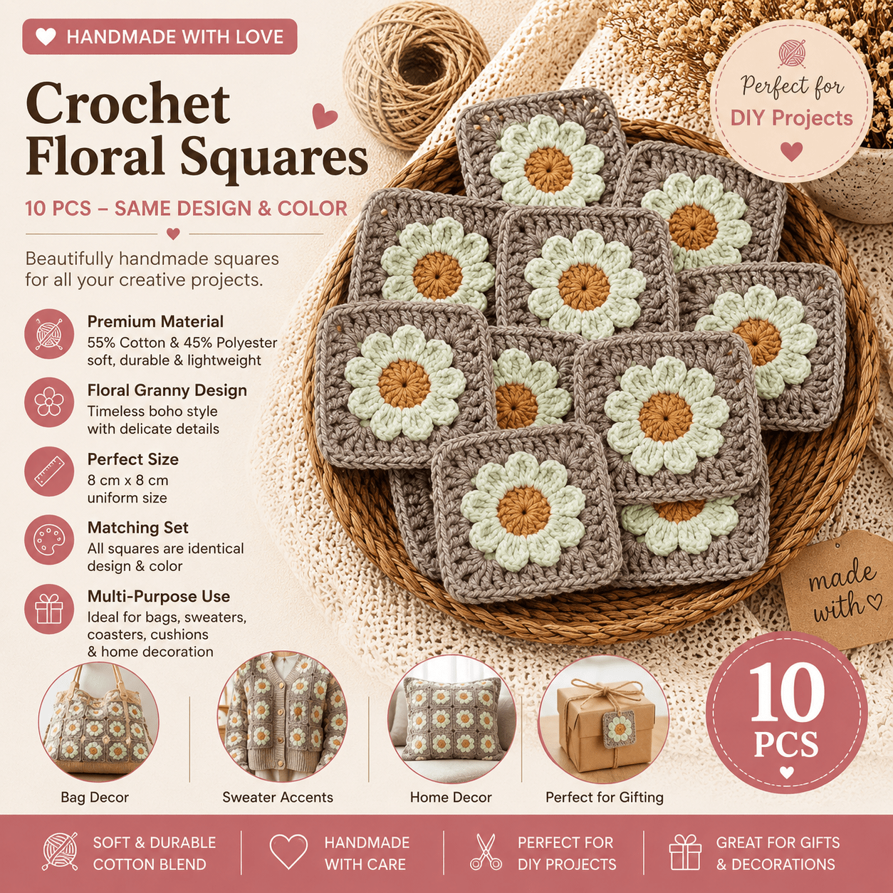 Image of 10pcs Handmade Crochet Floral Granny Squares – Boho Cotton Blend Appliques For Bags, Sweaters, Coasters & Diy Crafts (8x8cm)