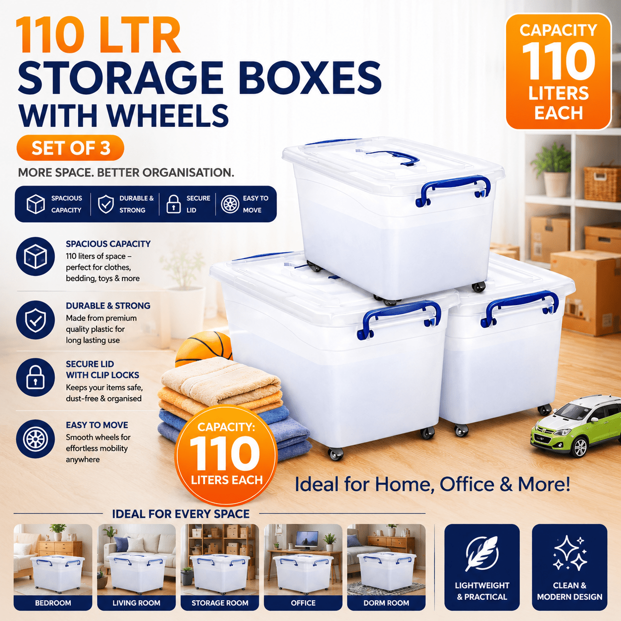 Set of 3 Plastic Storage Containers with Lids