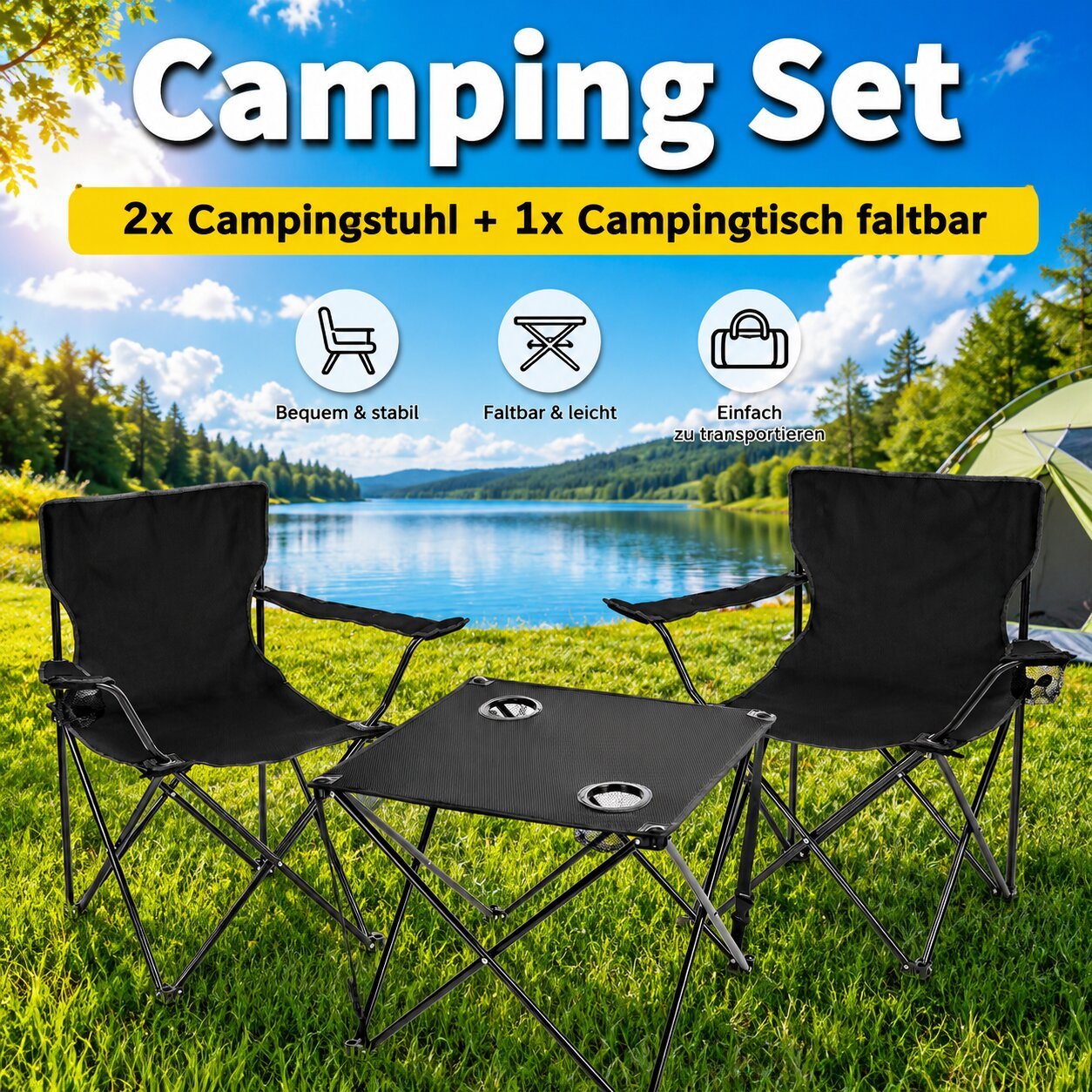 Image of Camping Table And Chairs Set, Black - Foldable Camping Table & Chairs, Camping Furniture Set, Folding Camping Chairs, Angler's Chair, Camping Set Of 2 Chairs And 1 Foldable Table