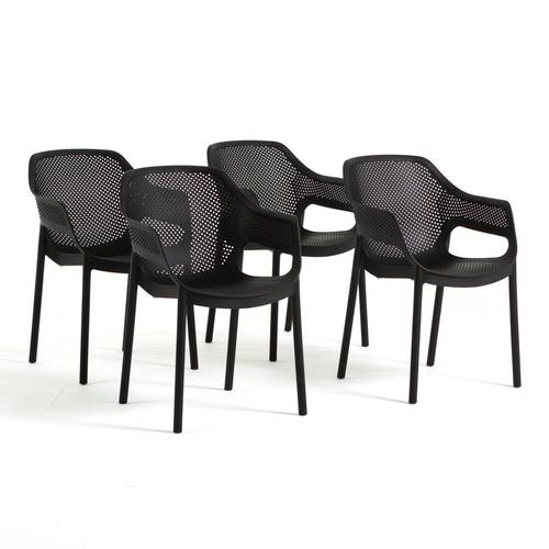 set of 4 garden chairs with armrests in polypropylene with fiberglass modern perforated backrest stackable and durable for terrace balcony bar restaurant hotel and outdoor use