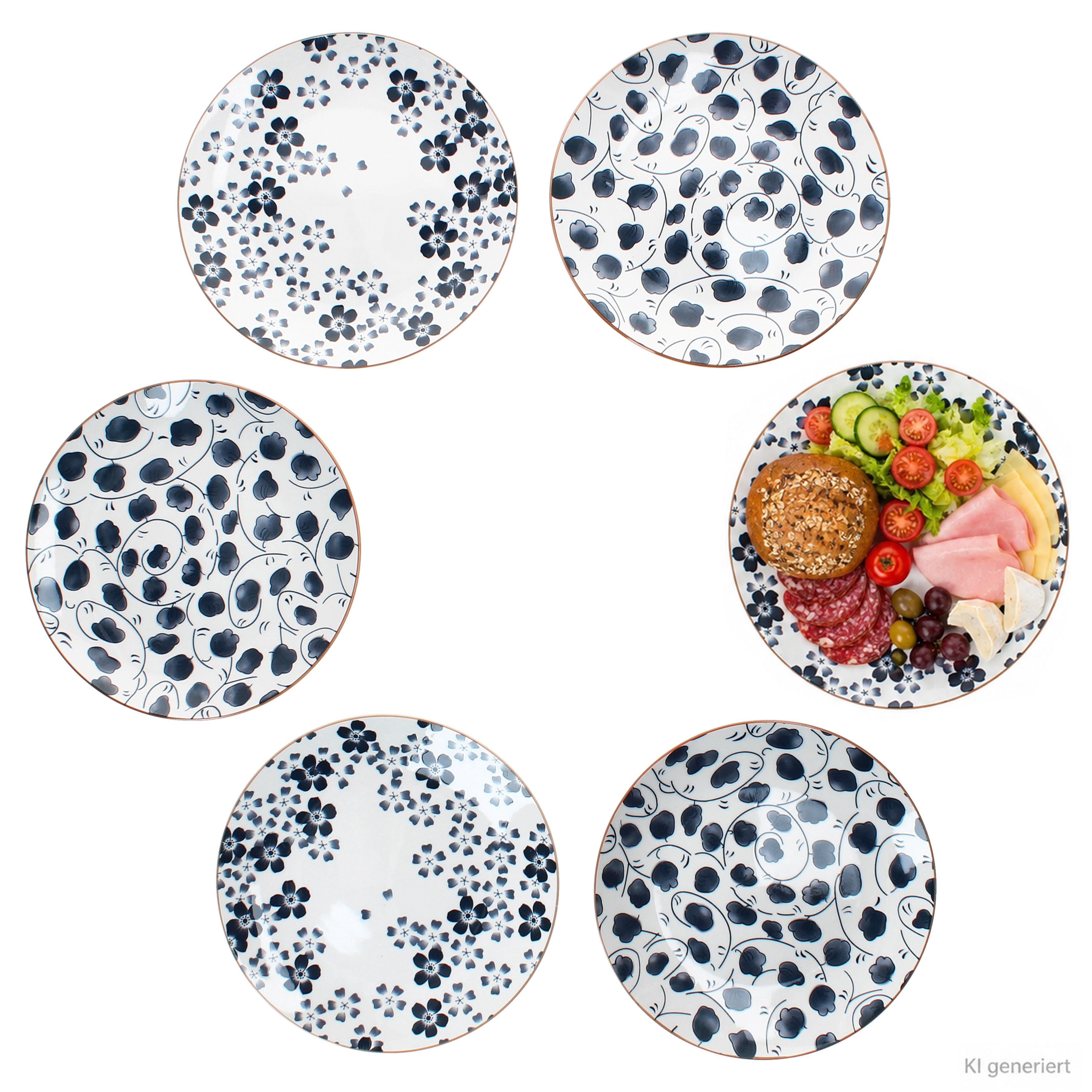 Image of 6x Cake Plates Ø19cm Blue White Stoneware Flower Leaf Dessert