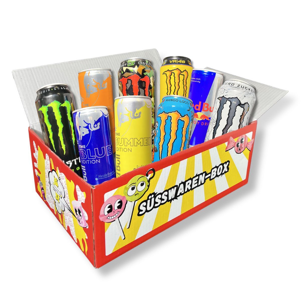 Image of Mega Energy Drink Mix Box 9 Different Energy Drinks - 4 X 250 Ml Red Bull Various Sorts 5 X 500 Ml Monster Energy Drink Various Sorts - A Total Of 3500 Ml Pure Energy