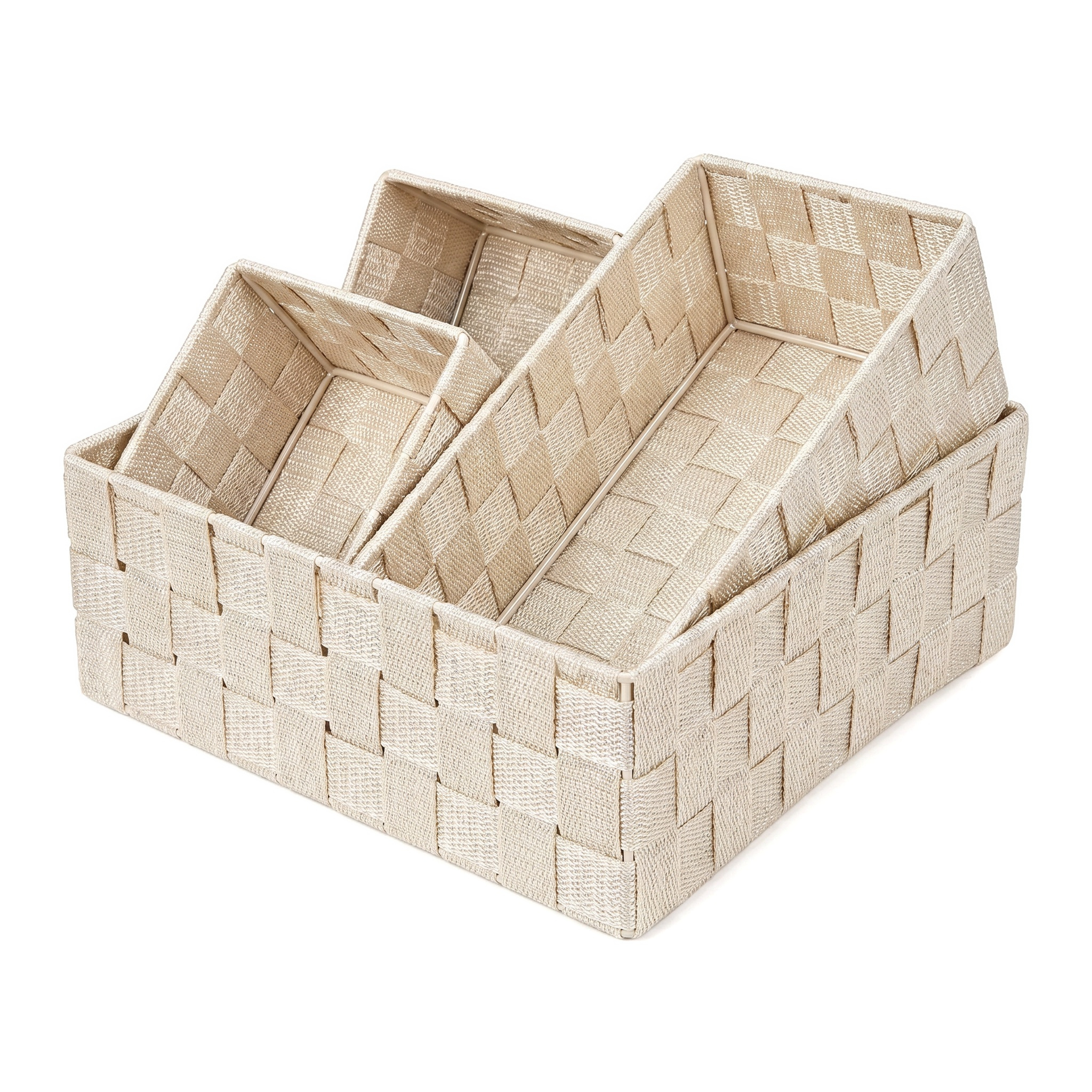 TEMU Set de 4 Cajas Organizadoras Tejidas de Nylon Resistente, Beige, Apilables, para Cajones, Maquillaje, Ropa Interior y Oficina