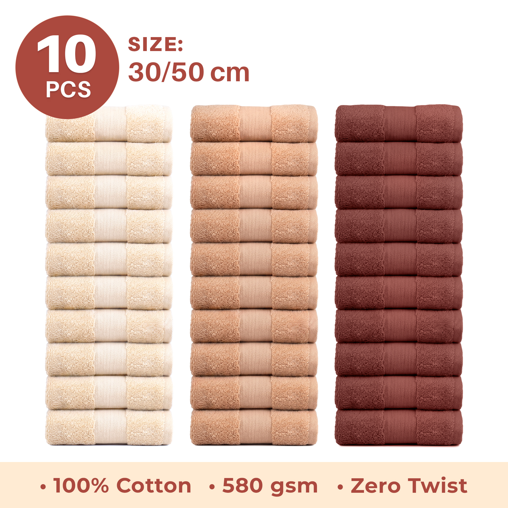 Set Of 10pcs 30x50cm,cotton Towels, 580 Gsm, 100%, Ultra Soft