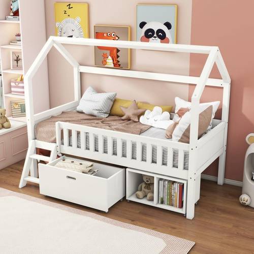 Kids Cabin Bed Frame with Storage Stairs & Drawers, 90x190cm Wooden Bed with Safety Guard Rails, Treehouse Style Single Bed , White