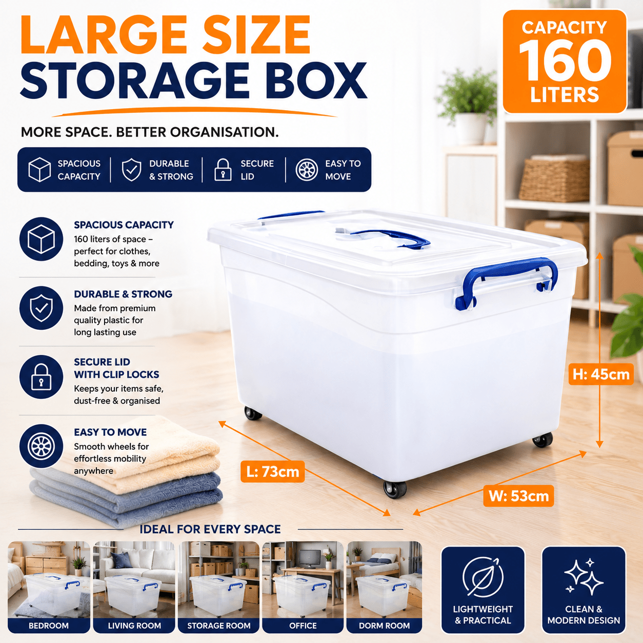 TEMU Large 45ltr/55ltr/85ltr/110ltr/160ltr In Set Of 3pcs / 1pc Plastic Storage Containers With Lids, Featuring Wheels (other Design Without Wheels).