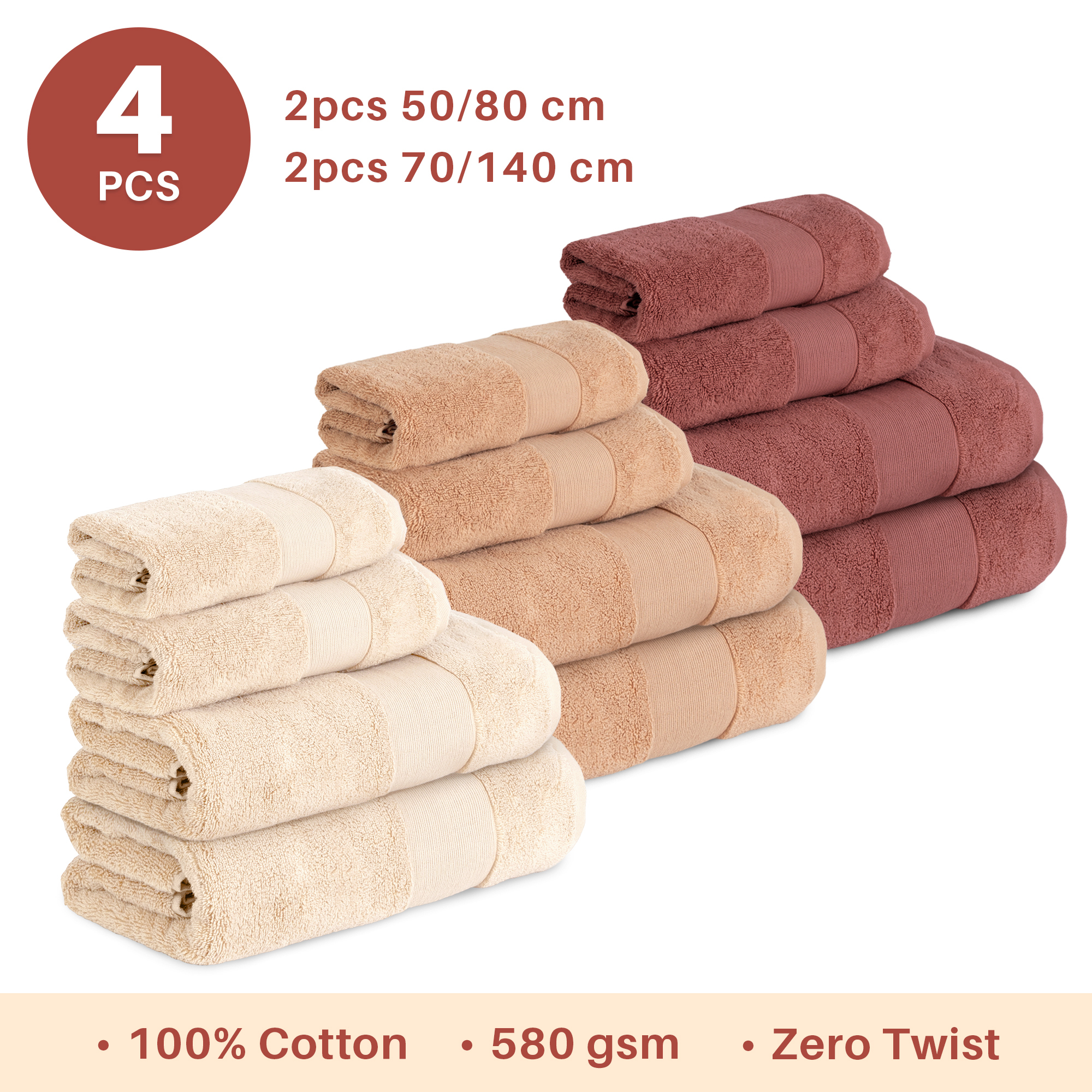 Set Of 4pcs Cotton Towels, 2pcs Towel 50x90cm And 2pcs Bath Towel 70x140cm, Cotton Towels, 580 Gsm, 100%, Ultra Soft