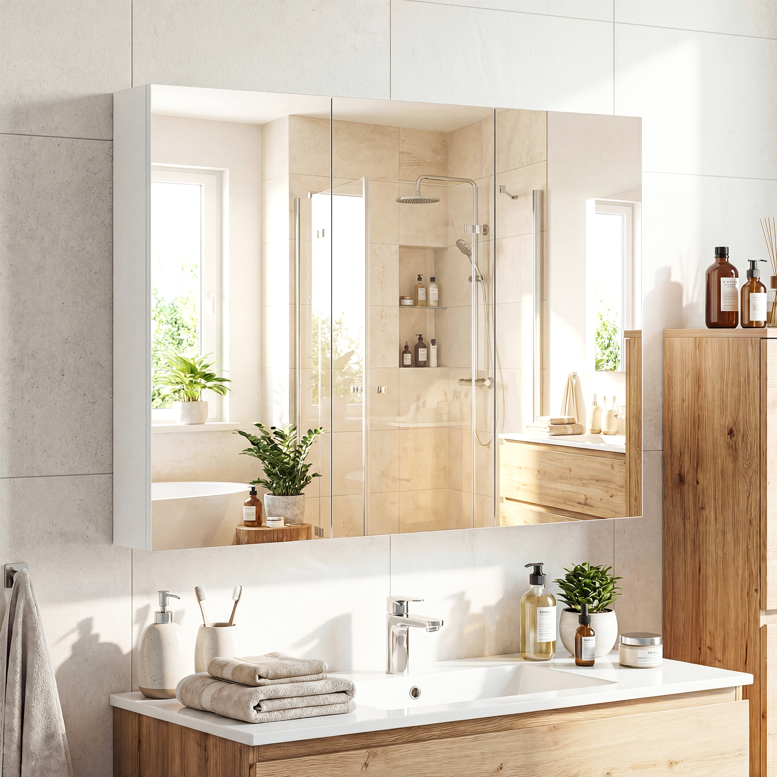 87 Cm Bathroom Mirror Cabinet With 3 Doors, Wall Mounted/ Recessed Medicine Cabinet W/ 6 Compartments, Wood Grain Surface & Soft Close Hinges, Sturdy Wooden Frame, Mounting Hardware Included