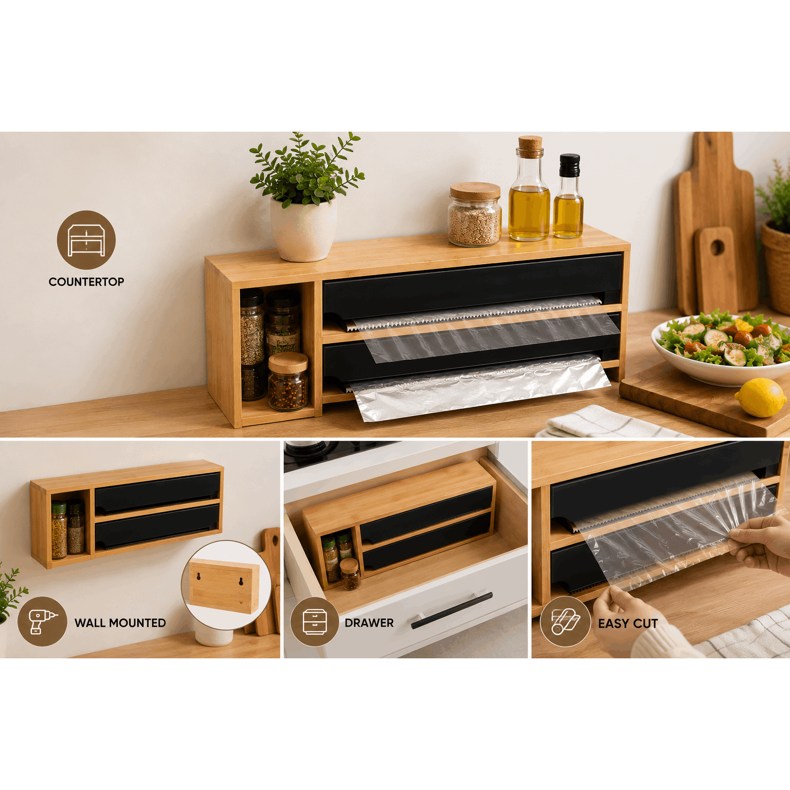Image of Double Roller With Storage Compartment – Food Film And Aluminum Paper Holder In Bamboo – Organizer
