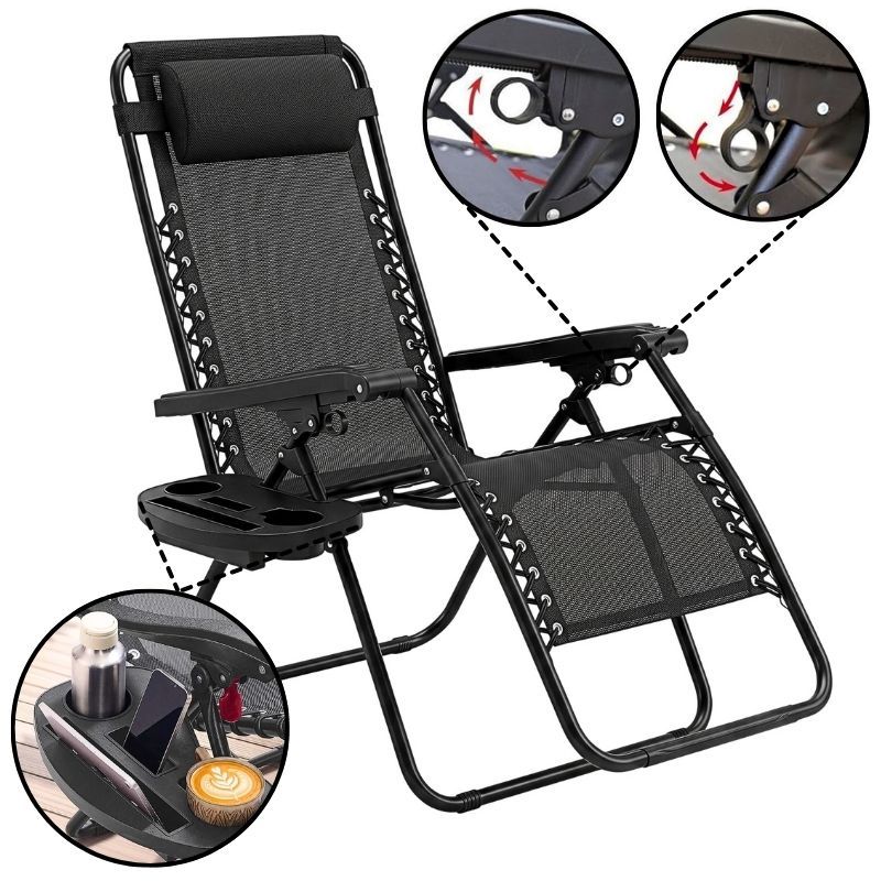 TEMU 1pc Folding 0 Gravity Chair Recliner With Side Tray & Removable Pillow, Portable Outdoor Sun Lounger For Garden Furniture, Patio Seating,