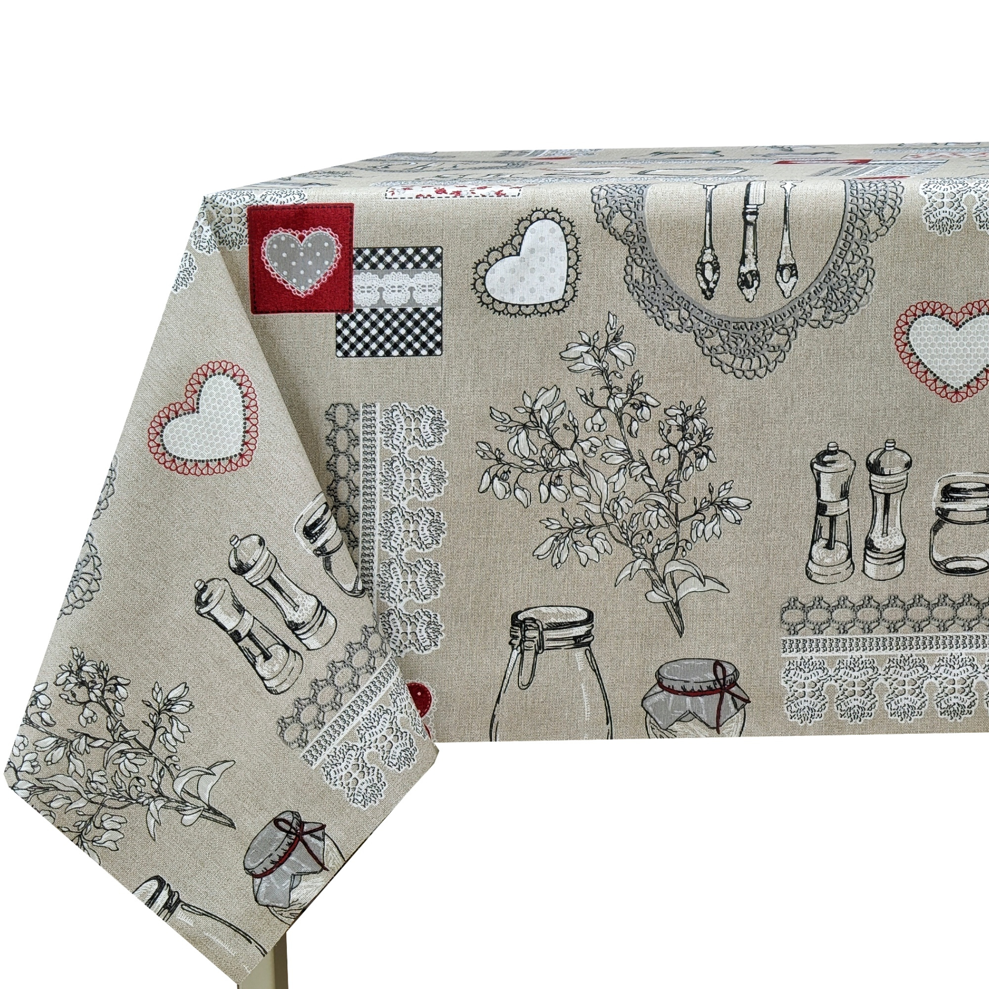 TEMU Mantel de tela resinada antimanchas rectangular, diseño patchwork romántico con corazones y flores en beige, y , fácil de limpiar, ideal para