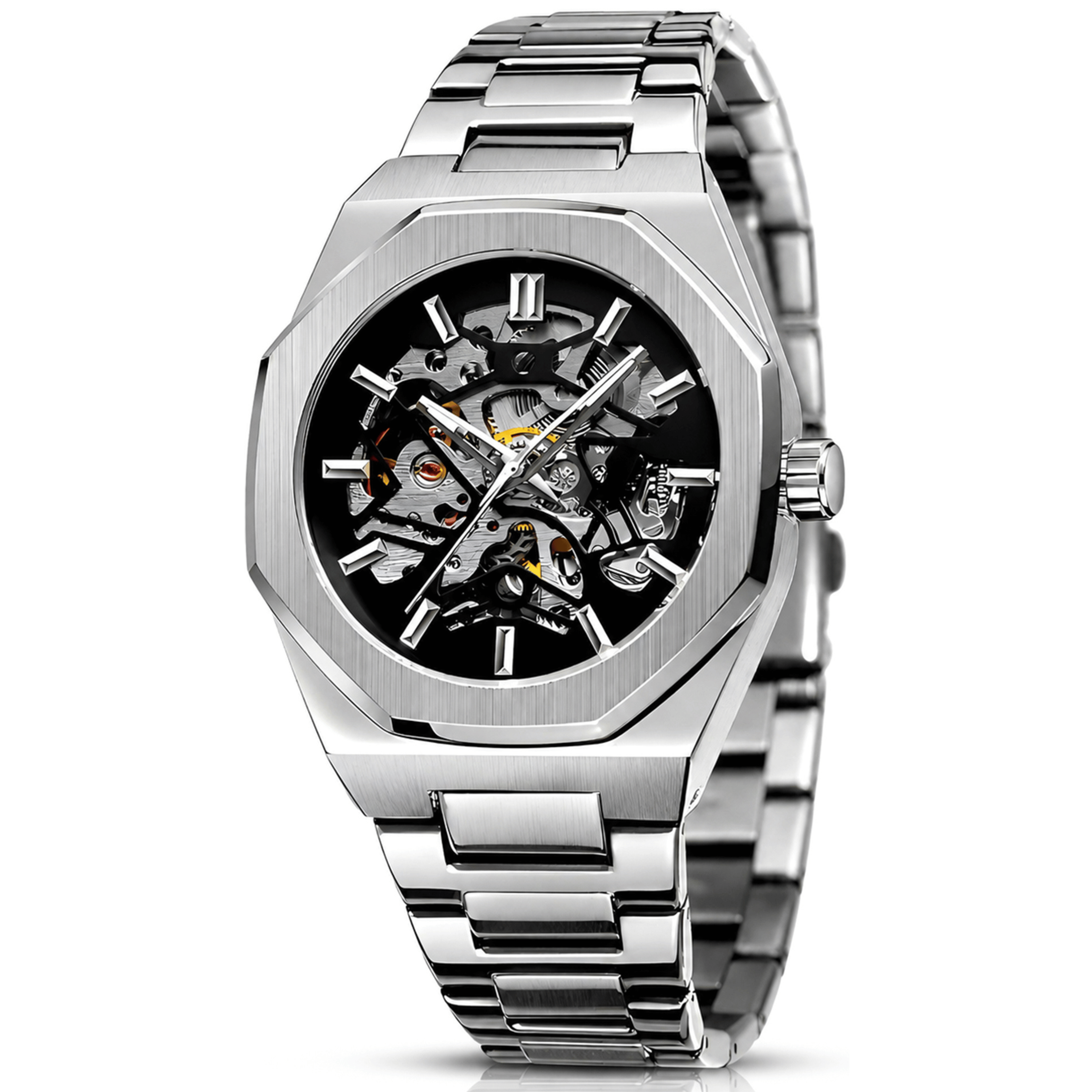 Image of S& Automatic Mechanical Skeleton Watch In Stainless Steel (includes Watch Case And Bracelet Shortener), Men' Wristwatch, Octagonal, Waterproof, Transparent