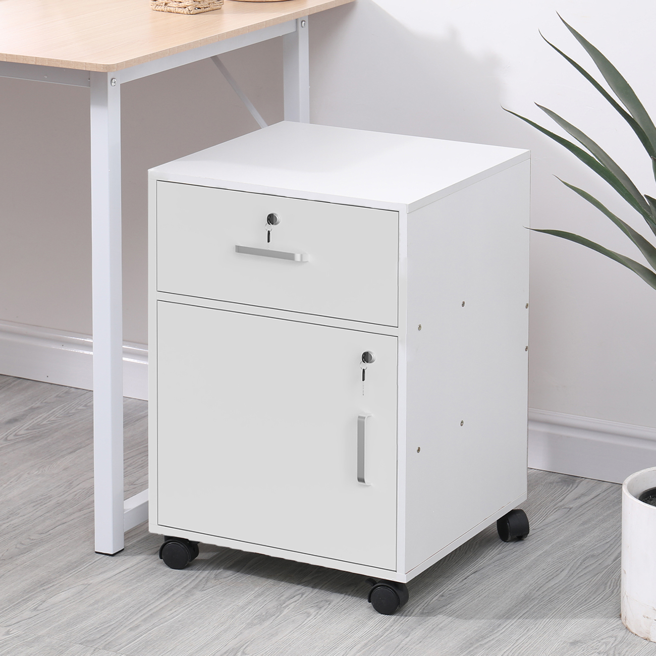 Image of Mobile File Cabinet With 1 Drawer & 1 Door, Slim Bedside Drawer Unit, Under Desk Rolling Storage, Lockable Wooden Filing Cabinet, Home Office Printer Table On Wheels