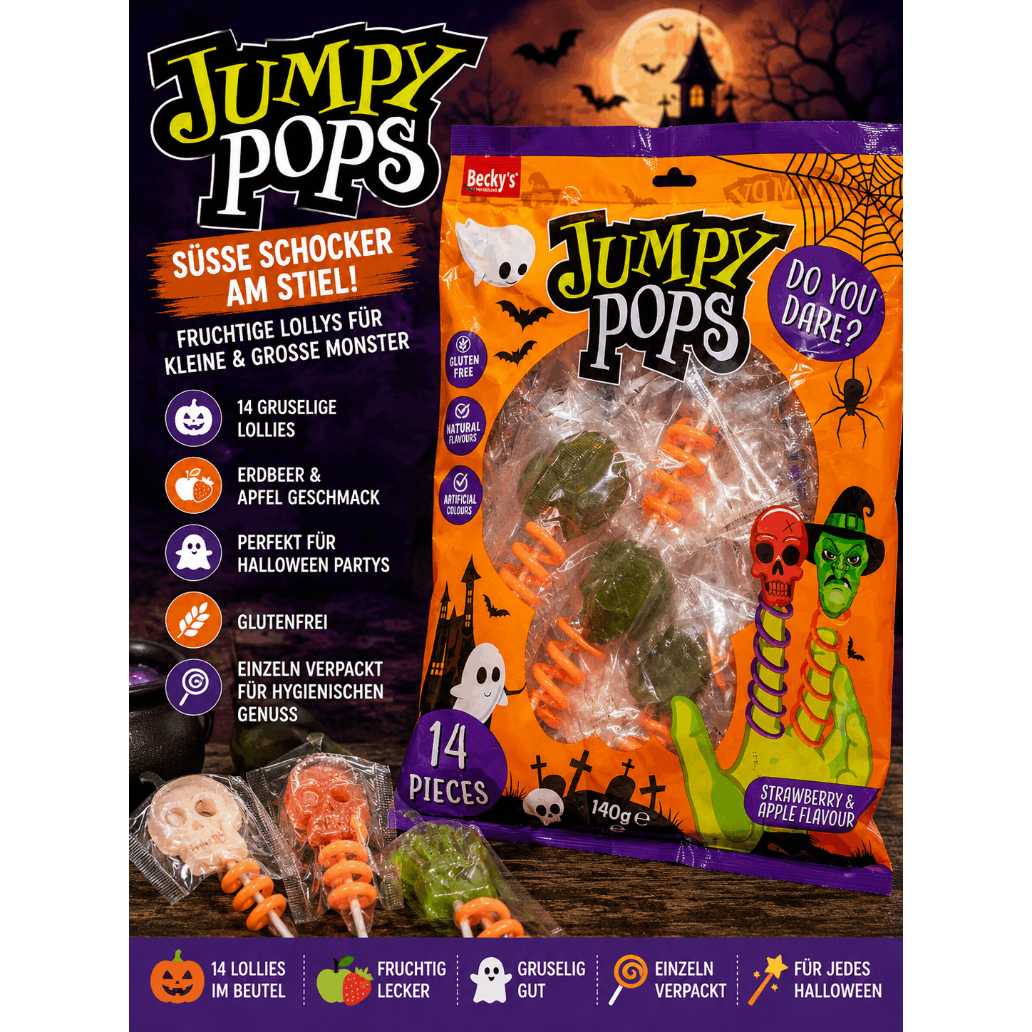 Image of Jumpy Pops Halloween Lollies 140g – Spooky Halloween Lollipops With Strawberry & Flavor For Trick Or Treat Party Candy For Kids And Adults