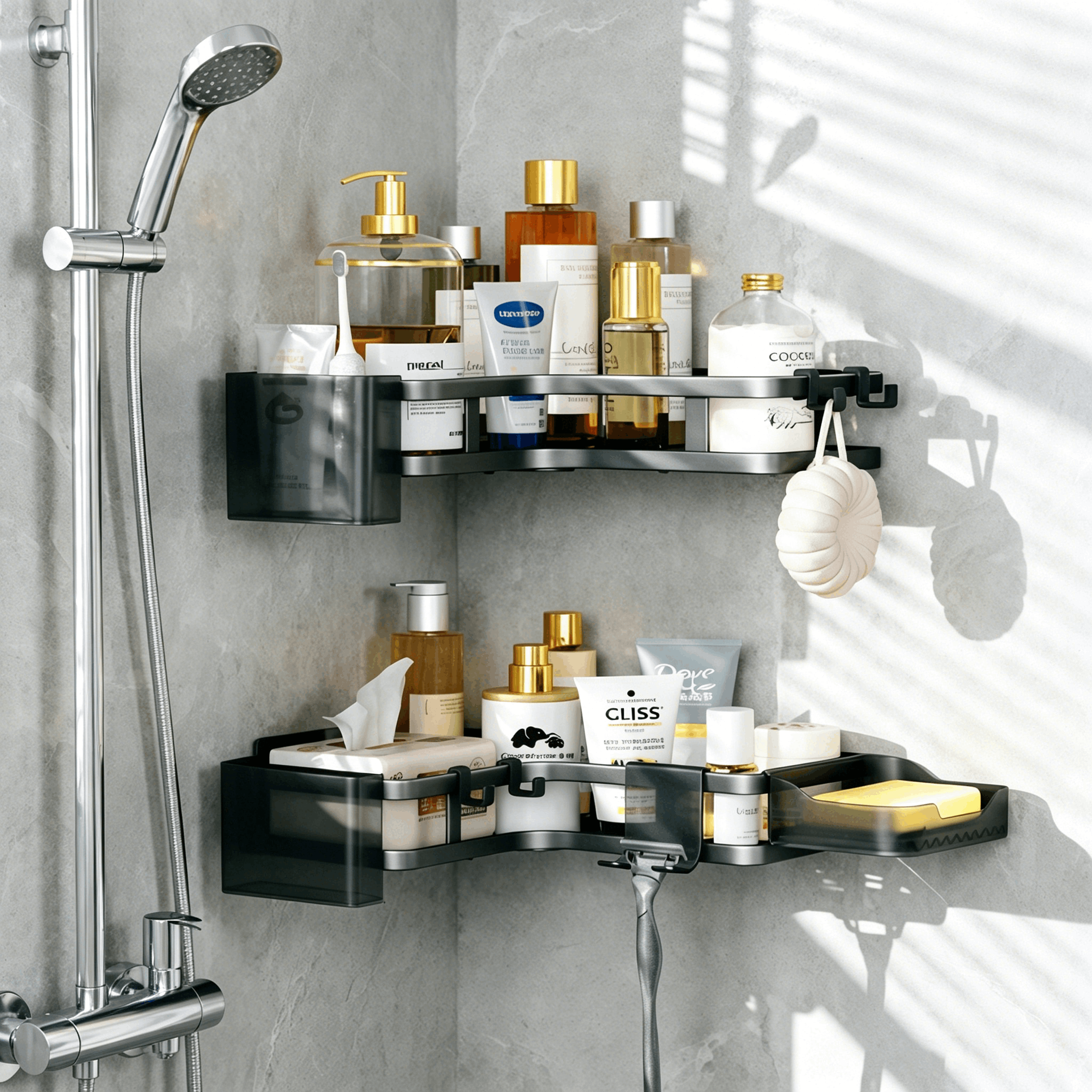 TEMU Estanteria Ducha, Estante de almacenamiento en la pared, Negro Estanteria Baño con Adhesivo, Acero al Carbono Estante sin Taladro, Organizador