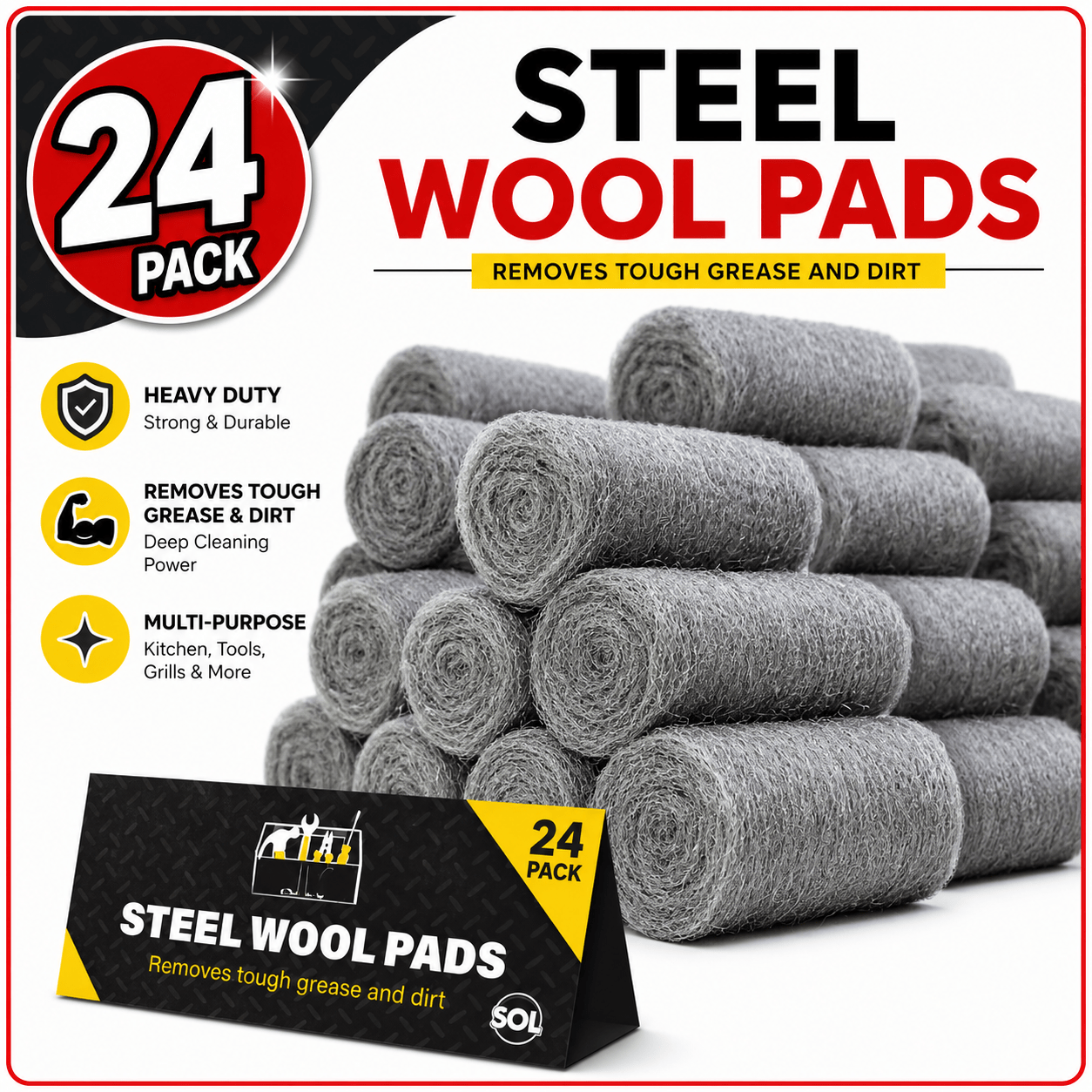 TEMU Sol 24 Pack Steel Wool Pads | Ultra Metal Scourers For Polishing, Rust Removal, Paint Prep & Furniture Restoration | Wire Wool For Wood, Metal,