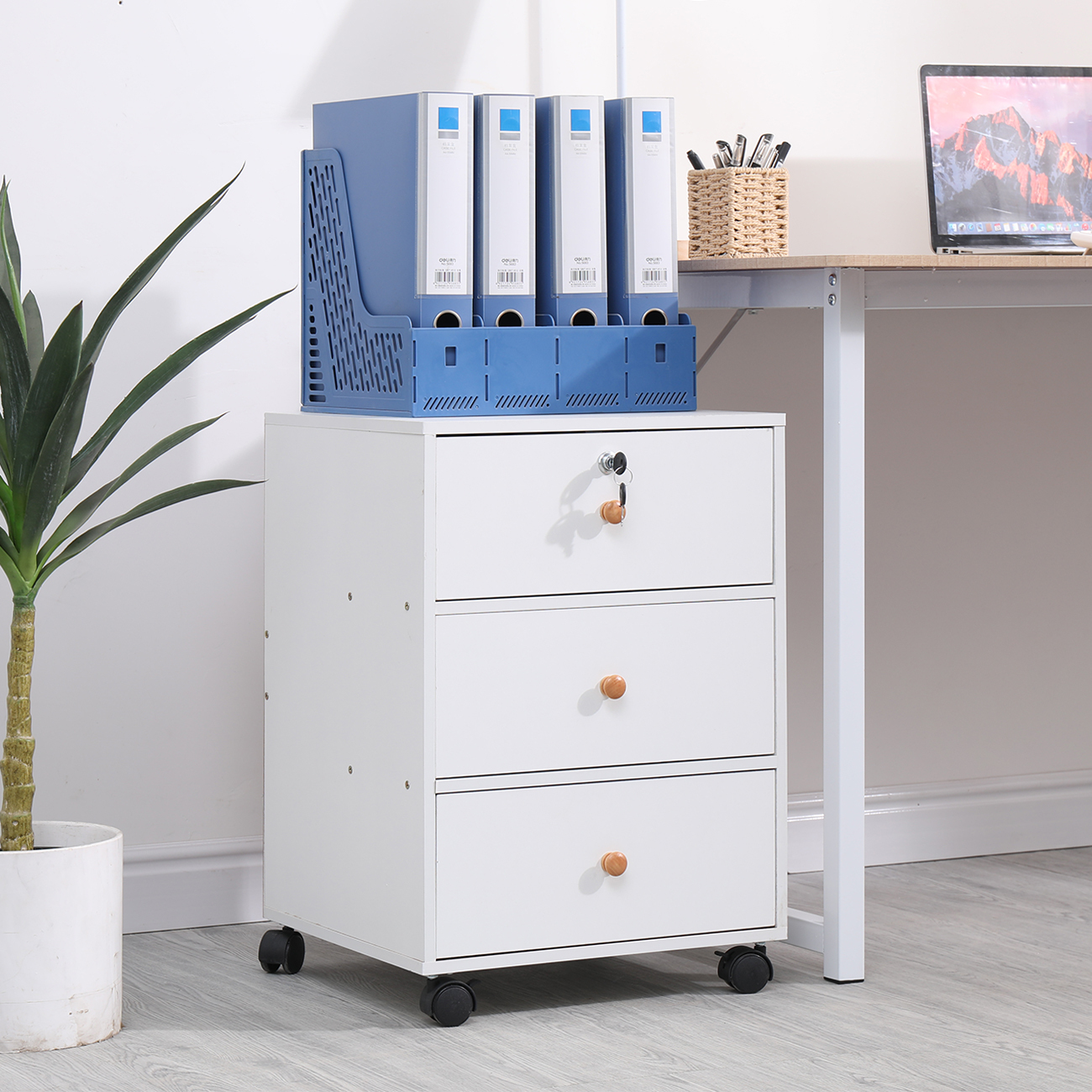 3 Drawers Mobile File Cabinet With Wheels, Wooden Under Desk Pedestal Storage Unit, Rolling Filing Cabinet And Printer Stand For Home Office