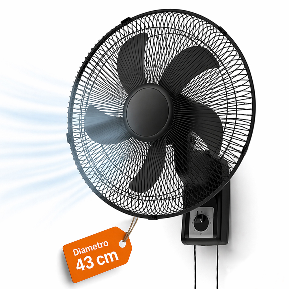 TEMU BAKAJI Ventilatore da Parete con da 43cm e 3 Livelli di Velocit� Selezionabili, Raffrescatore a Muro con 5 Pale, 65 Watt di Potenza con