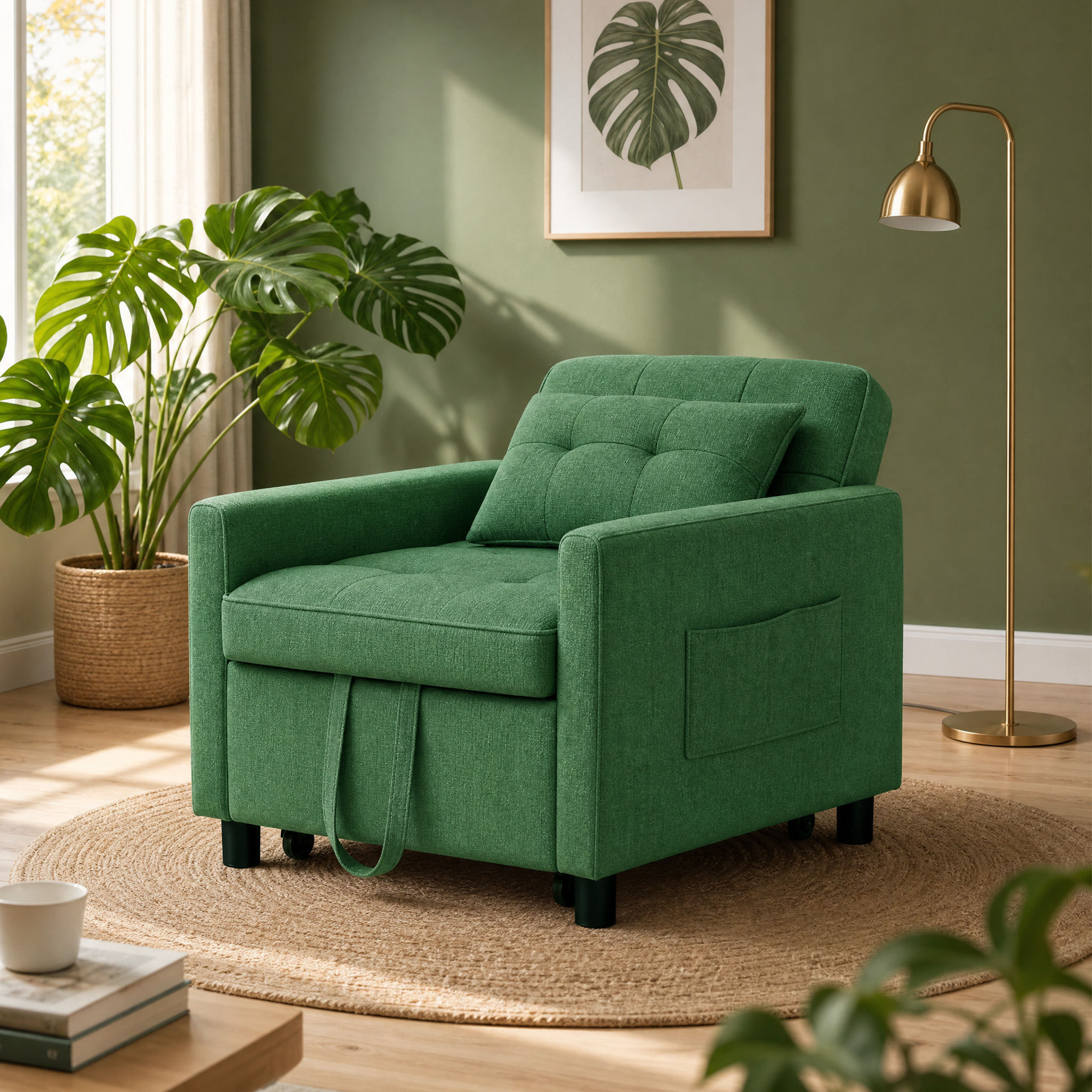 Image of Sleeper Chair 175x78x40 Cm With Adjustable Backrest & Wheels, Side Pocket, Green Single Chair, 3-in-1 Sofa Bed, Coree