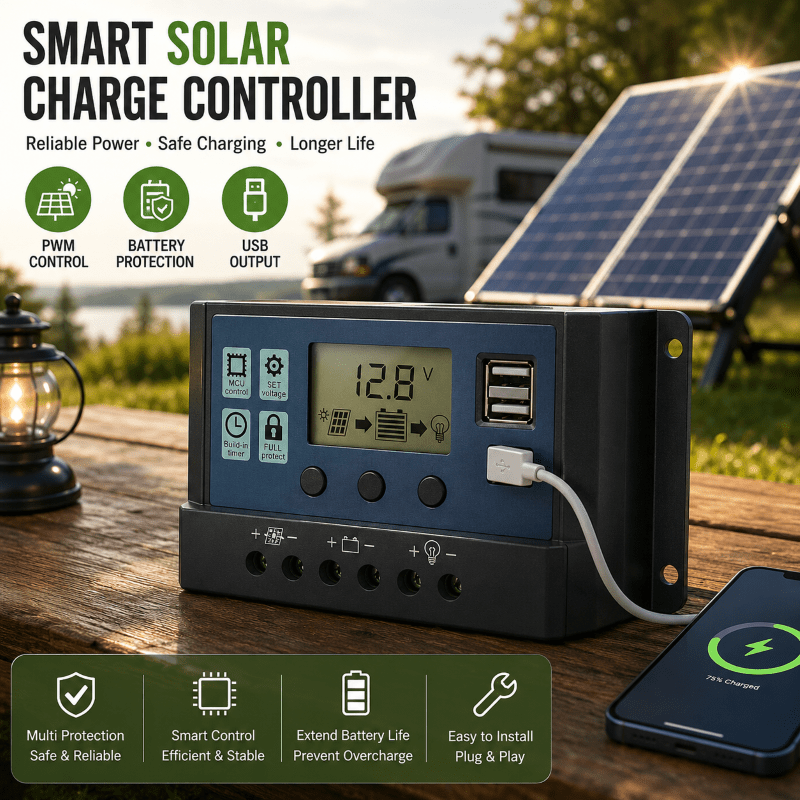 30A PWM Solar Charge Controller 12V/24V with LCD Display & Dual USB, Solar Panel Battery Regulator for Home RV Camping
