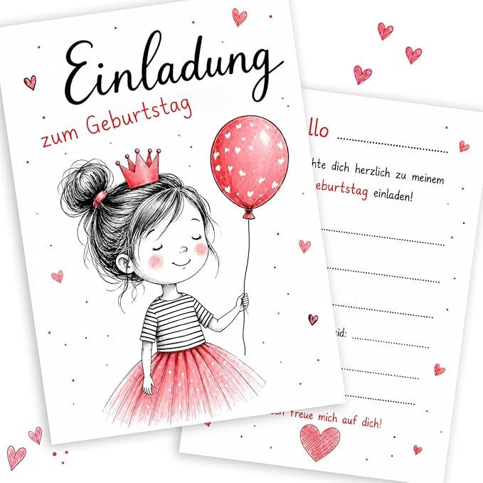 TEMU Einladungskarten Kindergeburtstag Prinzessin 10 Stück A6 für Mädchen, Geburtstagskarten mit Luftballon , Einladung Prinzessinnen Party, Karten
